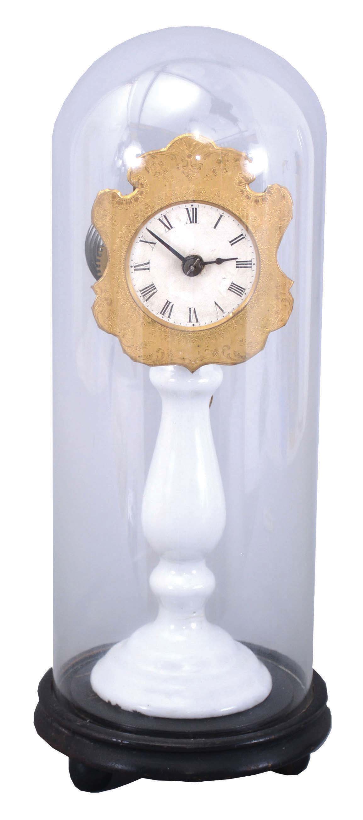 Candle stand timepiece, attributed to Samuel Botsford DBA Union Labor Company, 30 hour pendulette timepiece on tall white porcelain china stand, under old glass dome. — Antique Clocks Price Guide