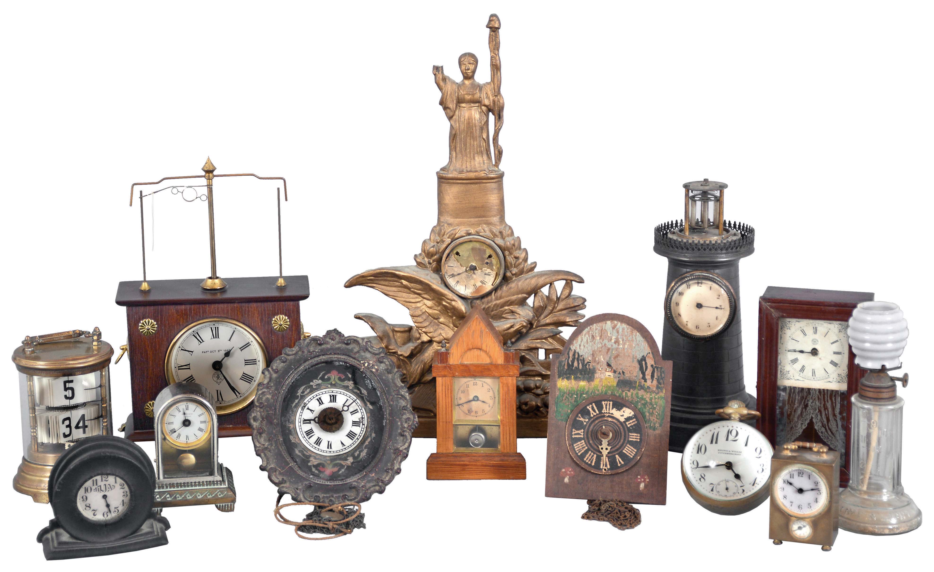 Clocks- 13 (Thirteen): (1) Horolovar repro of Flying Pendulum clock; (2) Oil lamp clock with shade (Pride of America); (3) c1904-Plato digital leaf clock; (4) Miniature New Haven OG (6in); (5) tiny 2 in movement German wall clock, weight driven; (6) New Haven lighthouse clock LESS top, duplex movement intact, (7) Mini YALE pendulette steeple clock; (8) Paper Weight ball clock, sig Brown &amp; Willis, Fitchburg. (9) A. E. Hotchkiss nickel plated pendulette (10) Waterbury brass cased mini alarm; (11) German chain drive souvenir clock; (12) 1916 Nojar stem wind watch-clock in hard rubber case; (13) Door stop clock, Lady with broken arm. — Antique Clocks Price Guide