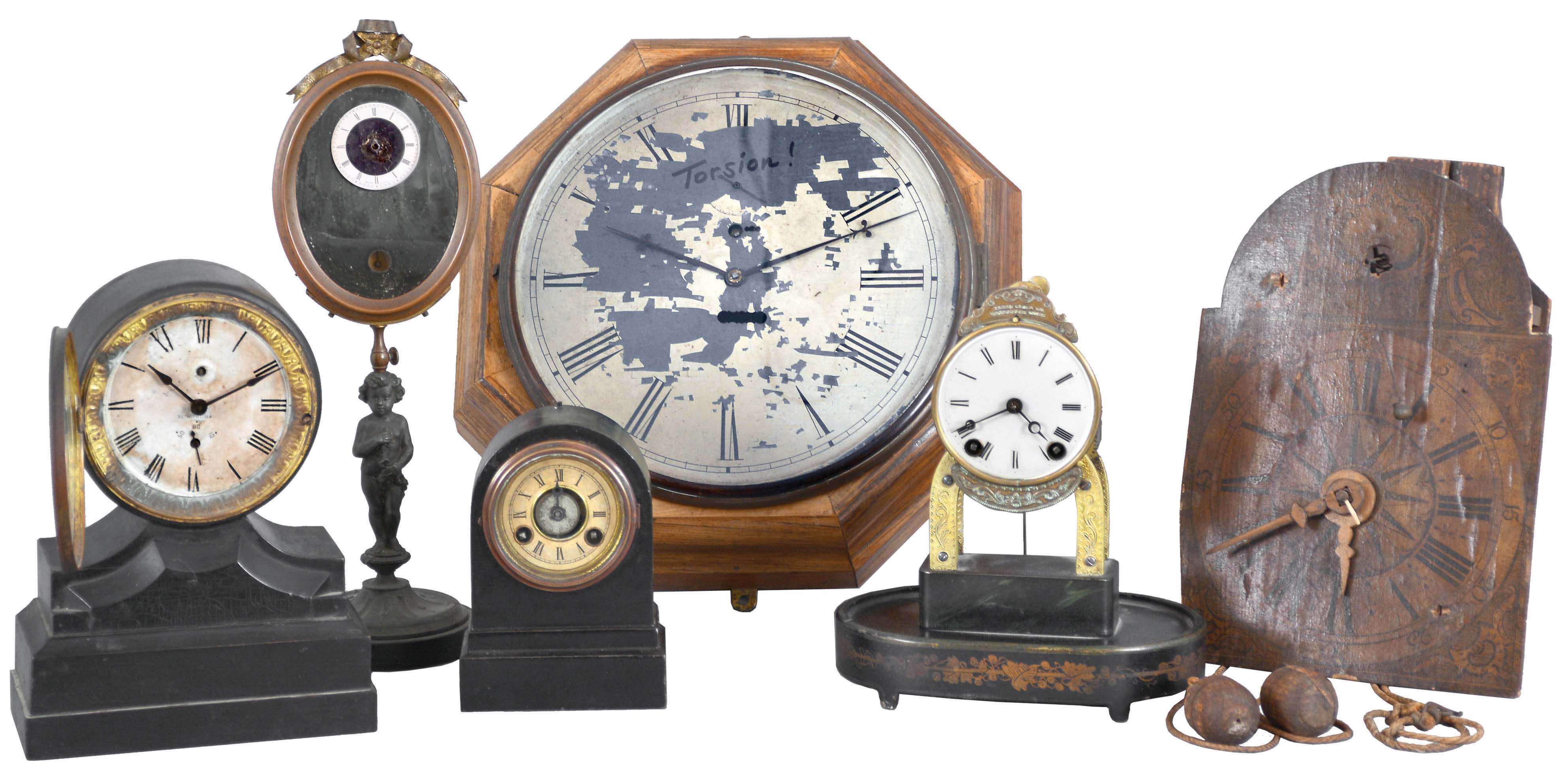 Clocks- 6 (Six) American and European: (1) Terry Clock Co.,15 day skeleton timepiece with broken dome; (2) Smallest Terry Clock Co.,iron cased alarm; (3) S. B. Terry (Terry Clock Co) Marine lever; (4) c1850 German wooden works dial clock with CROWN WHEEL, cows tail; (5) Seth Thomas ebonized case alarm and (6) French boudoir mirror timepiece [rear wind watch movement] — Antique Clocks Price Guide