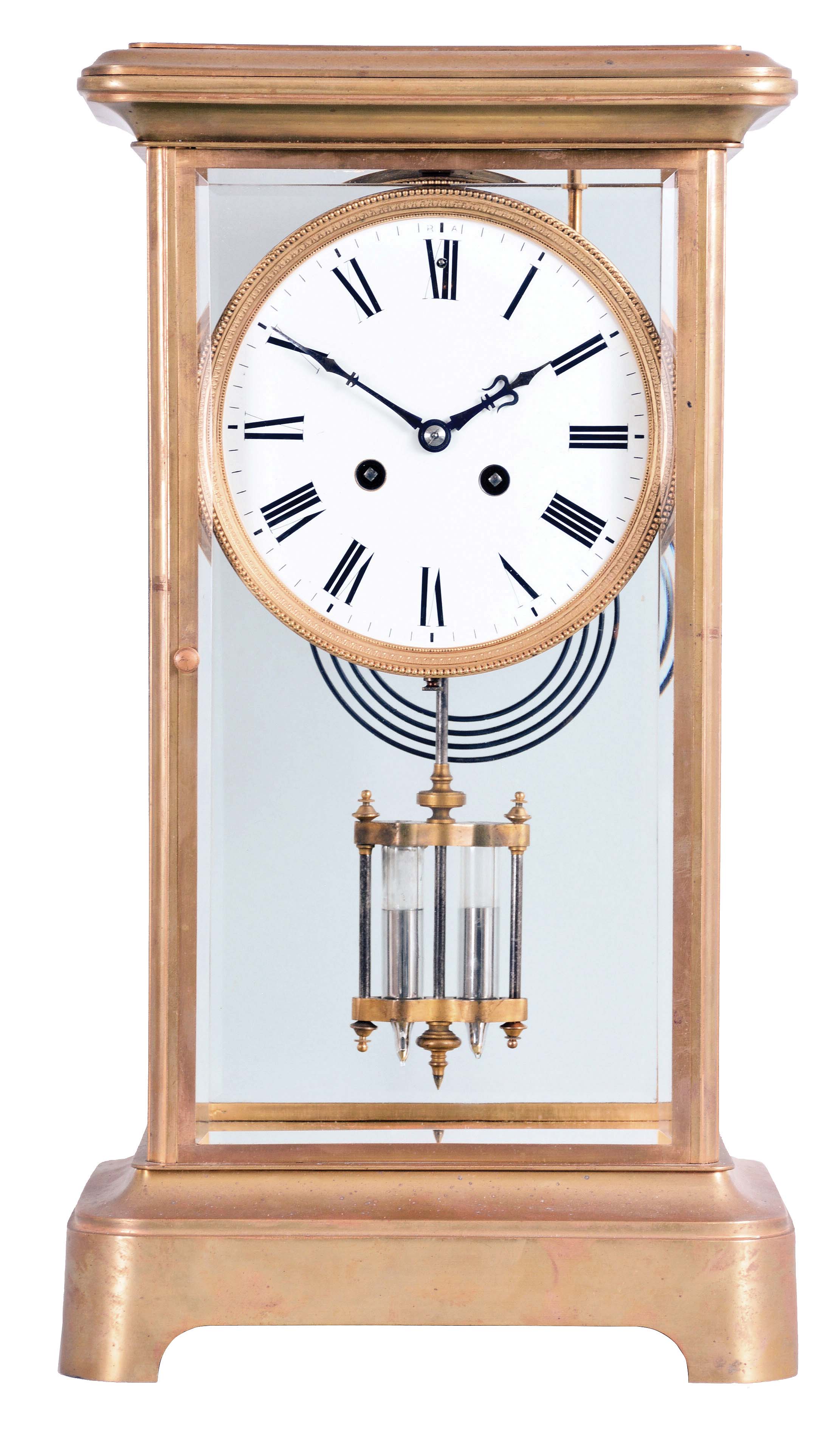 Large Crystal Regulator, Paris, with brass and beveled glass case, porcelain roman numeral dial with "R-A" regulation at the XII, eight-day spring powered round movement marked "H &amp; F/Paris" with countwheel hour strike on a gong and two-jar mercury temperature compensated pendulum. — Antique Clocks Price Guide