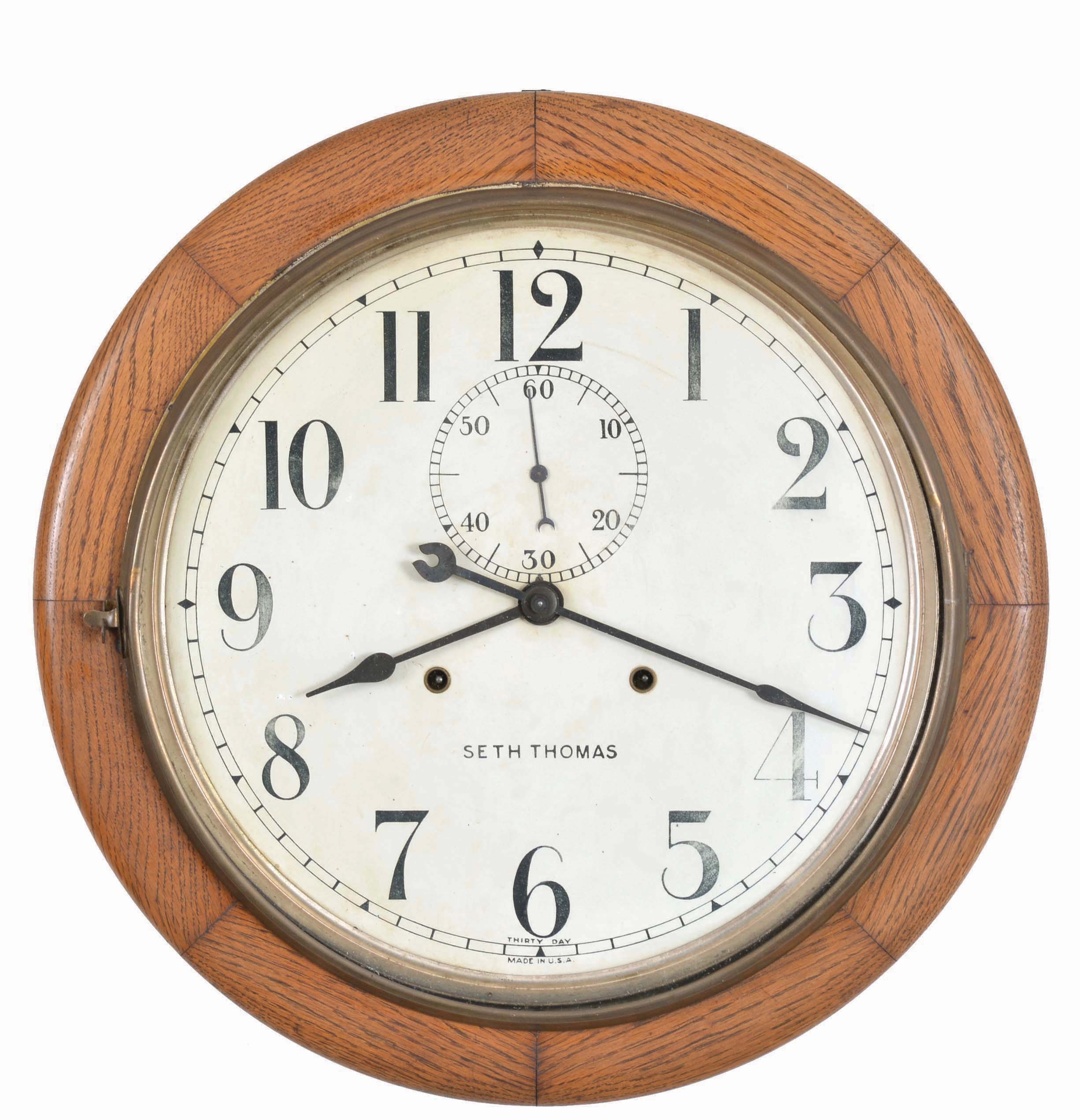 Seth Thomas Clock Co., Thomaston, Conn., "Office No. 14", 30 day, spring brass movement gallery timepiece. — Antique Clocks Price Guide