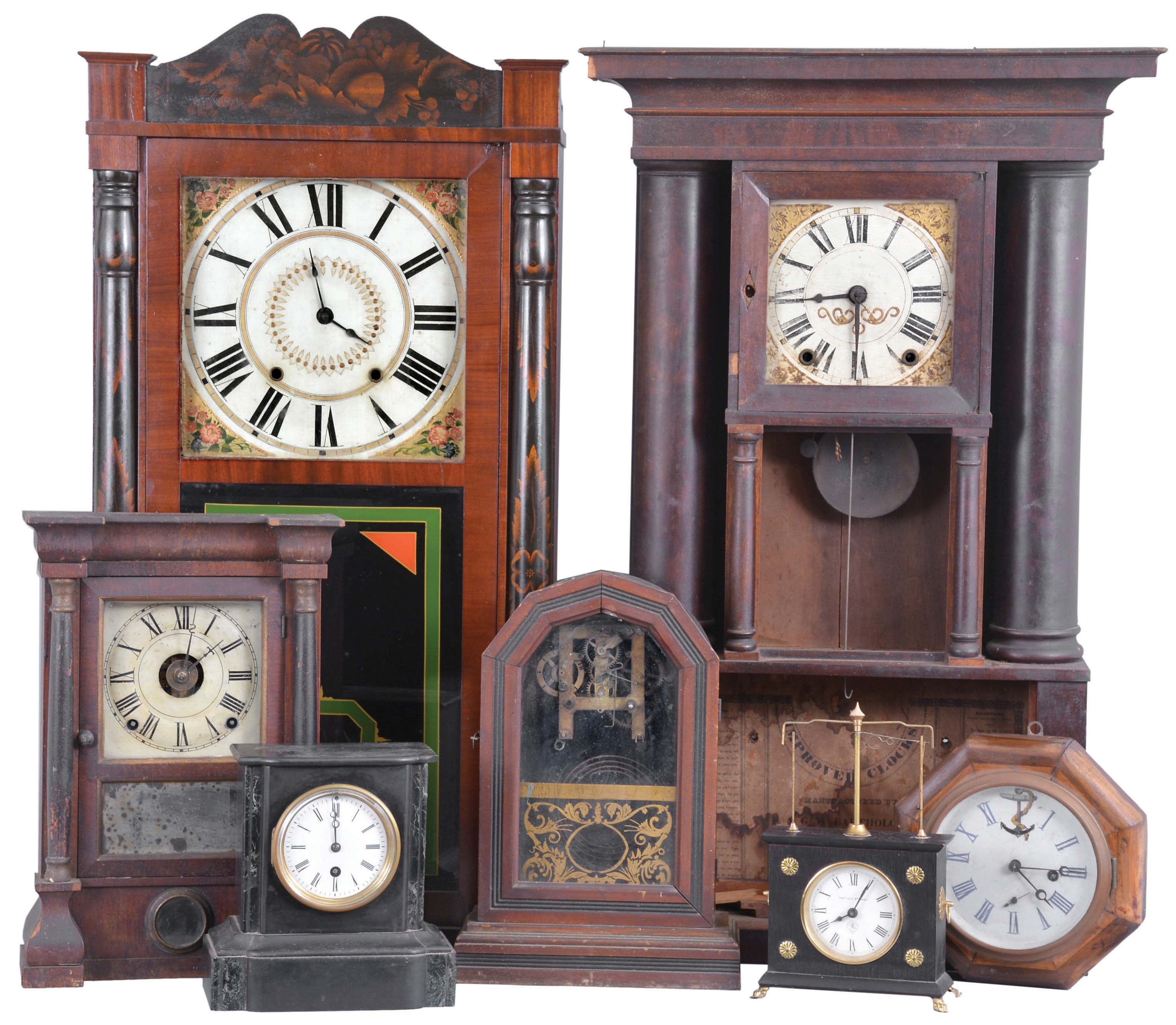 Clocks- 15 (Fifteen): (1) Germany, Kundo, 400 day, anniversary timepiece under a dome; (2) Seth Thomas Clock Co., Thomaston, Conn., 8 day, time and strike seven jewel ship's bell wall clock, c1940 (3) Horolovar Co., "Ignatz", 30 hour, spring brass movement flying pendulum novelty timepiece, c1970 (4) E. Ingraham &amp; Co., Bristol, Conn., 30 hour, time and strike octagon top mantel clock, c1870. (5) France, 8 day, spring brass movement oval form carriage clock, c1900 (6) Unknown, 30 hour, time and strike, weight wood movement case. (7) Seiko Quartz, pyramid form mantel clock. (8) Seth Thomas Clock Co.,Thomaston, Conn. 8 day, time, strike and alarm small column &amp; cornice shelf clock, c1870. (9) Horolovar Co., 30 hour, spring brass movement "Briggs Rotary", novelty timepiece, c1970. (10) France, 8 day, time and strike, spring brass movement black marble mantel timepiece. (11) E. &amp; G. W. Bartholomew, Bristol, Conn., 30 hour, time and strike, weight wood movement hollow column shelf clock, c1830 (12) Unknown, 30 hour, spring brass lever movement octagon wall timepiece, c1870 (13) Jerome's &amp; Darrow, Bristol, Conn., empty case. (14) Unknown, S. B. Terry?, 30 hour, time and strike, weight brass movement small OG shelf clock. (15) Jerome's &amp; Darrow, Bristol, Conn. half column &amp; splat clock case, c1835 — Antique Clocks Price Guide