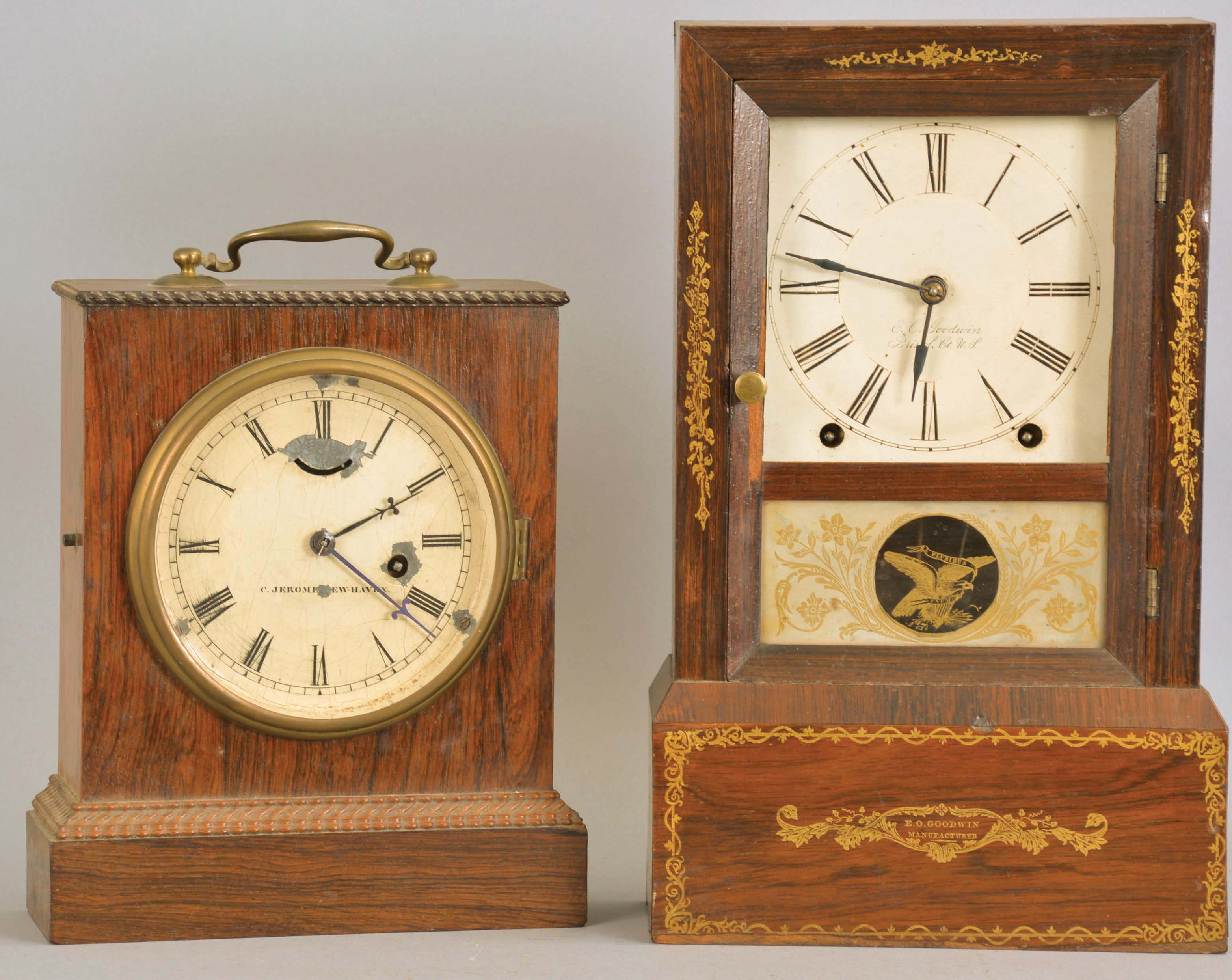 Clocks- 2 (Two): (1) Chauncey Jerome, New Haven, Conn., 30 hour, spring brass lever movement ripple molding shelf clock, c1850; (2) E. O. Goodwin, Bristol, Conn., 8 day, time and strike, spring brass movement cottage shelf clock, c1850. — Antique Clocks Price Guide