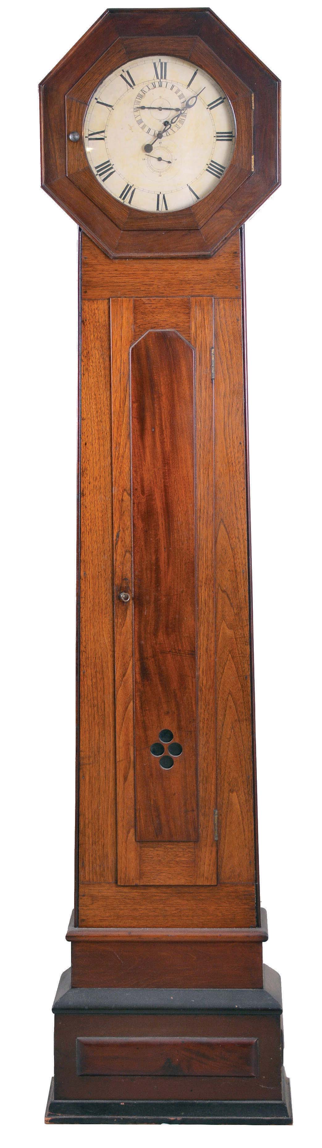 F.L. Scheidemann, Philadelphia, Pennsylvania, standing astronomical regulator, 8 day, time only, weight driven movement in a walnut case with octagonal top and painted wooden dial — Antique Clocks Price Guide