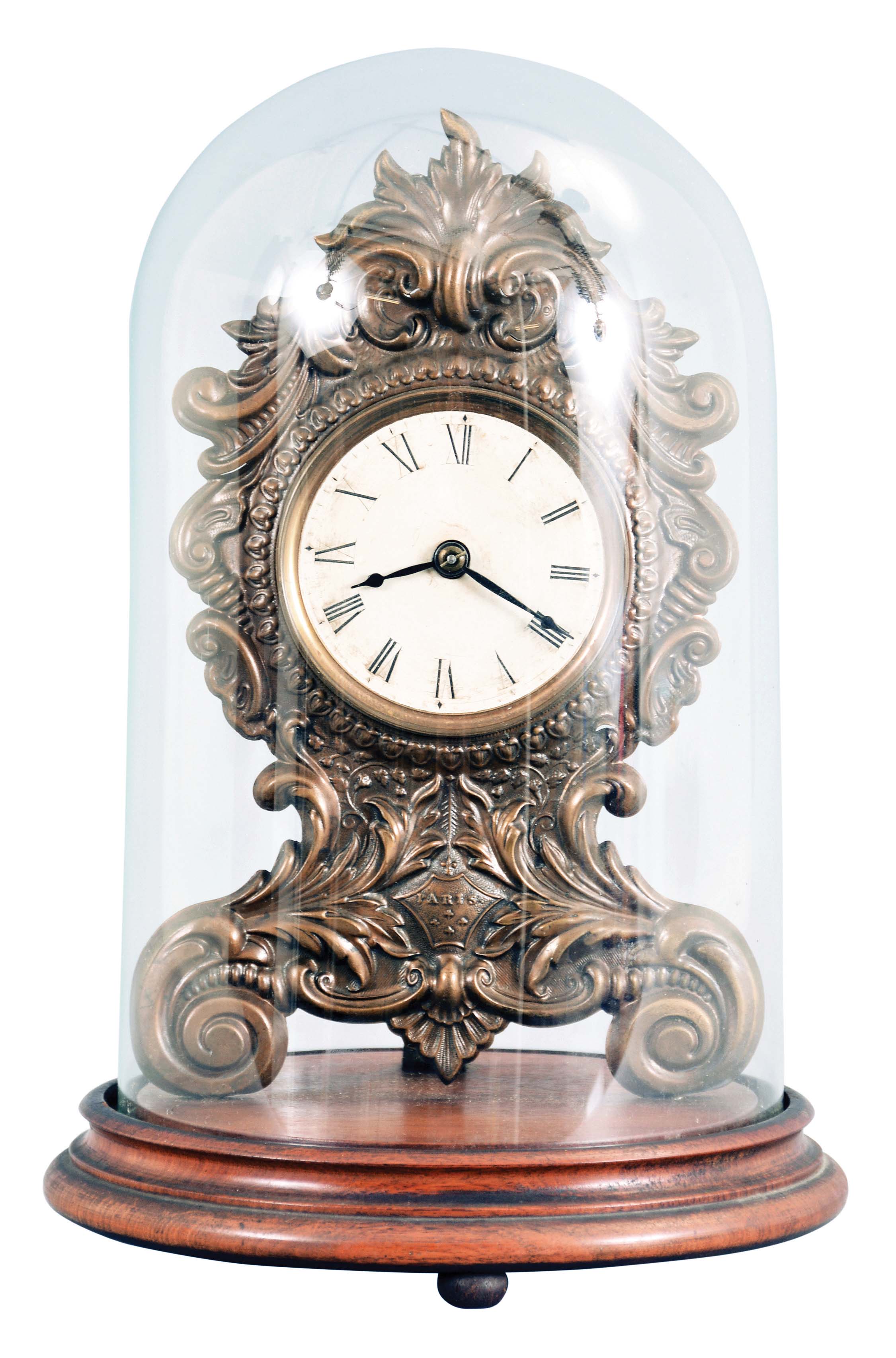 Coe &amp; Co., New York, 30 hour, spring driven, embossed brass front "Paris" model shelf timepiece with Samuel N. Botsford's patent lever escapement movement. These were also sold by Jerome Manufacturing Co., New Haven, Conn., — Antique Clocks Price Guide