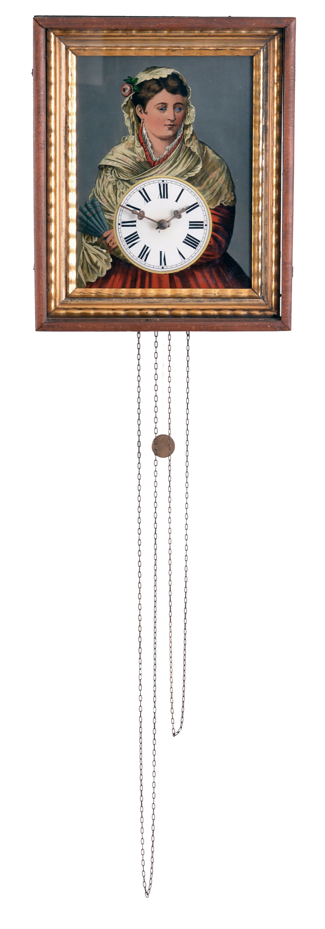 Germany, an attractive, picture frame "Augenwender" or turning eye clock, the hardwood frame with gilt, ripple molded liner, and containing a hand tinted transfer of a young woman in a red dress with shawl, and a folding fan in her left hand, Roman numeral white painted dial, brass hands, and 30 hour time and strike movement with wooden plates, counting the hours on a bell, and animating the girl's eyes — Antique Clocks Price Guide
