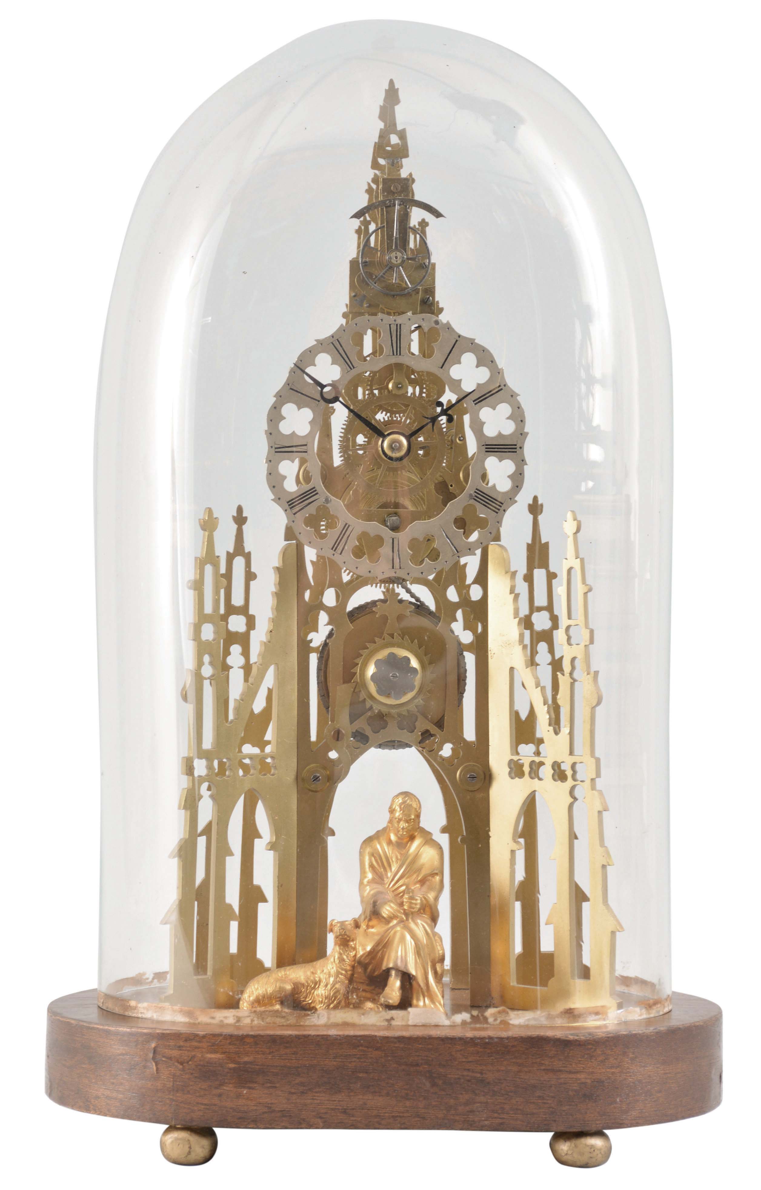 England, Sir Walter Scott Memorial brass skeleton clock, unsigned, the brass frame of cathedral form with pierced and silvered roman numeral chapter ring, chain fusee eight day, five train movement with maintaining power and lever escapement with regulation sector and hand all on a walnut base with gilt figures of Sir Walter Scott and his dog, beneath a glass dome. — Antique Clocks Price Guide