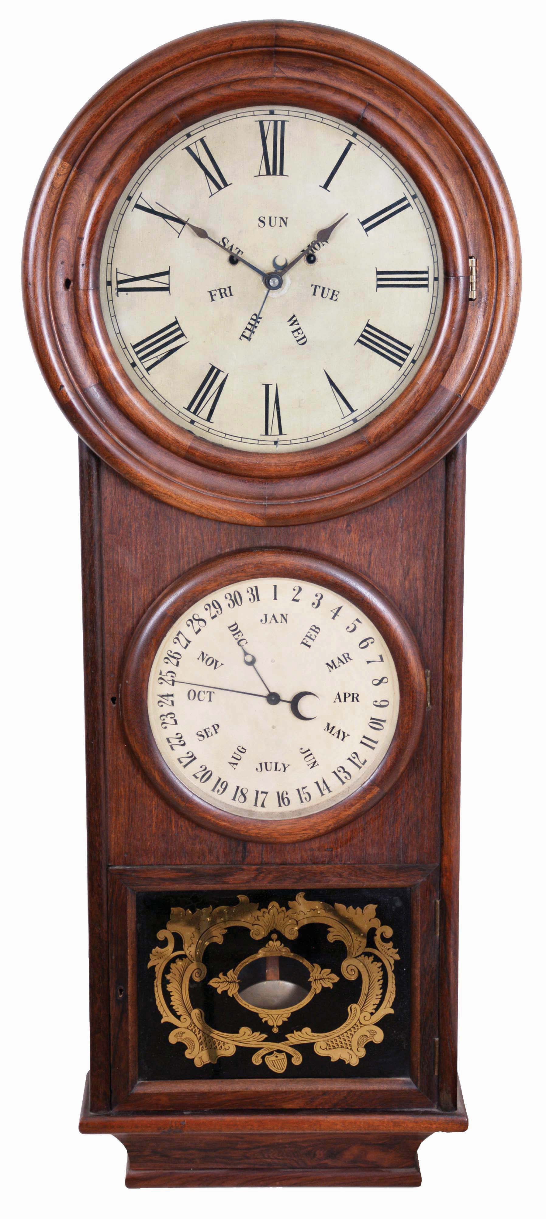 L. F. &amp; W. W. Carter, Bristol, Conn., 8 day, time and strike, spring driven, brass movement double dial calendar wall clock. — Antique Clocks Price Guide