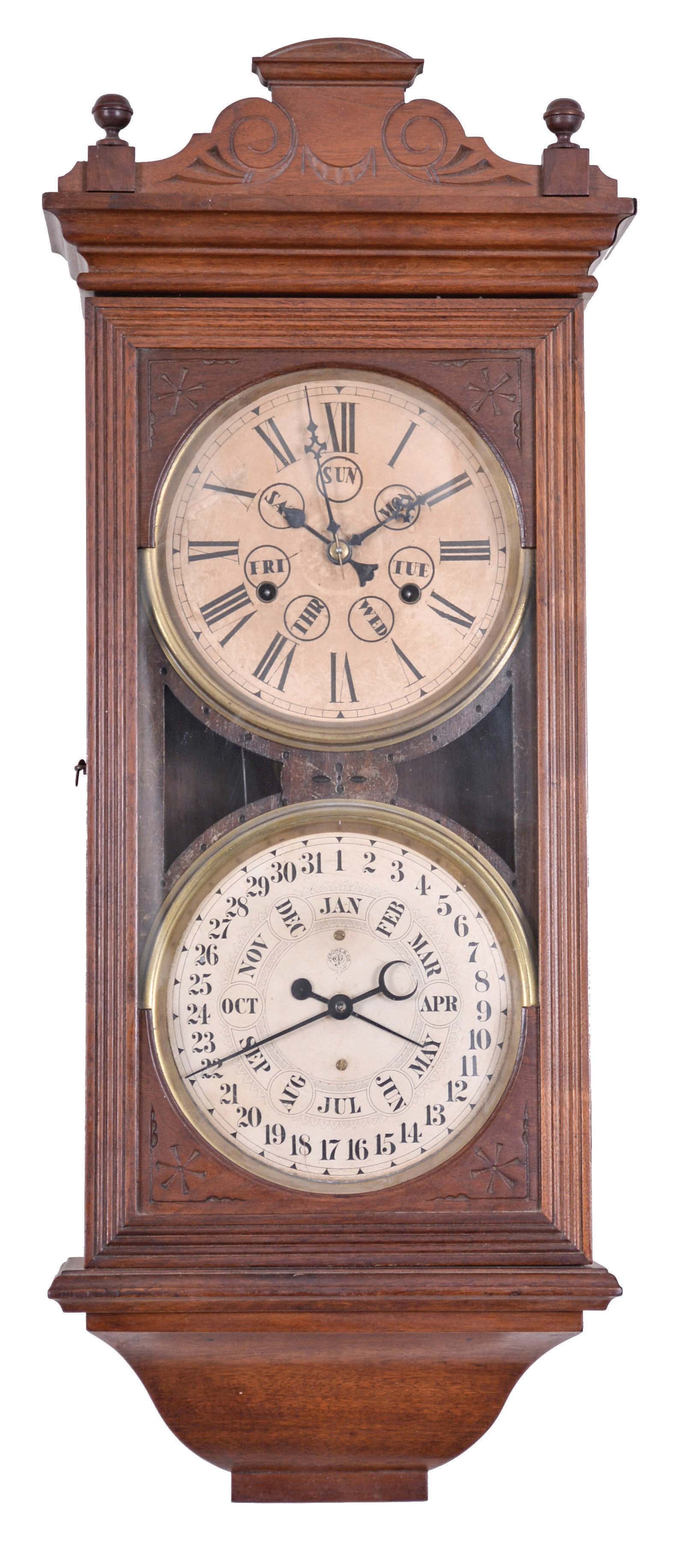 Jerome &amp; Co. (New Haven Clock Co.), New Haven, Conn., "Register", 8 day, time and strike, spring brass movement double dial calendar clock. — Antique Clocks Price Guide