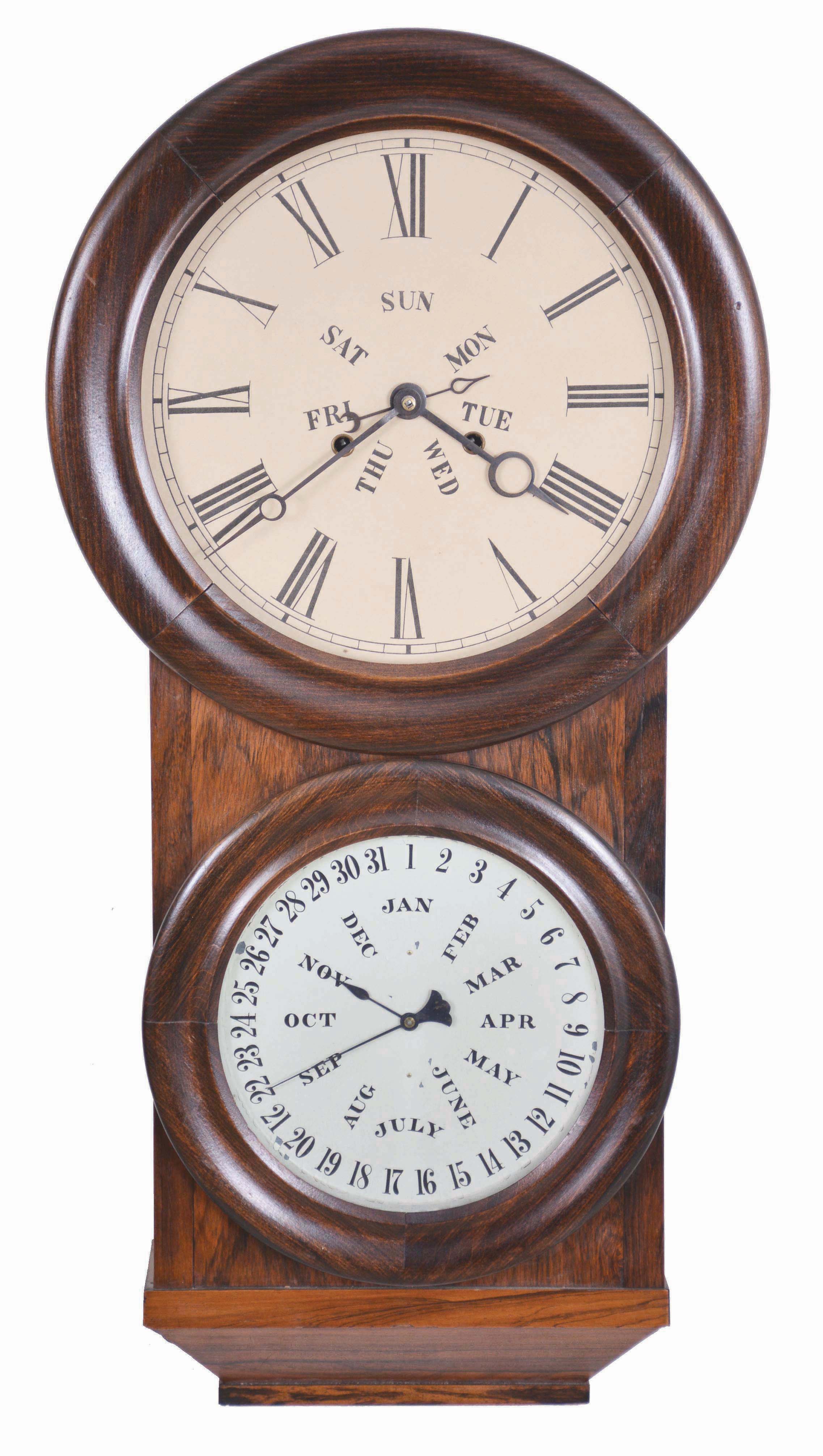 L. F. &amp; W. W. Carter, Bristol, Conn., 8 day, double weight brass movement double dial calendar wall clock. — Antique Clocks Price Guide