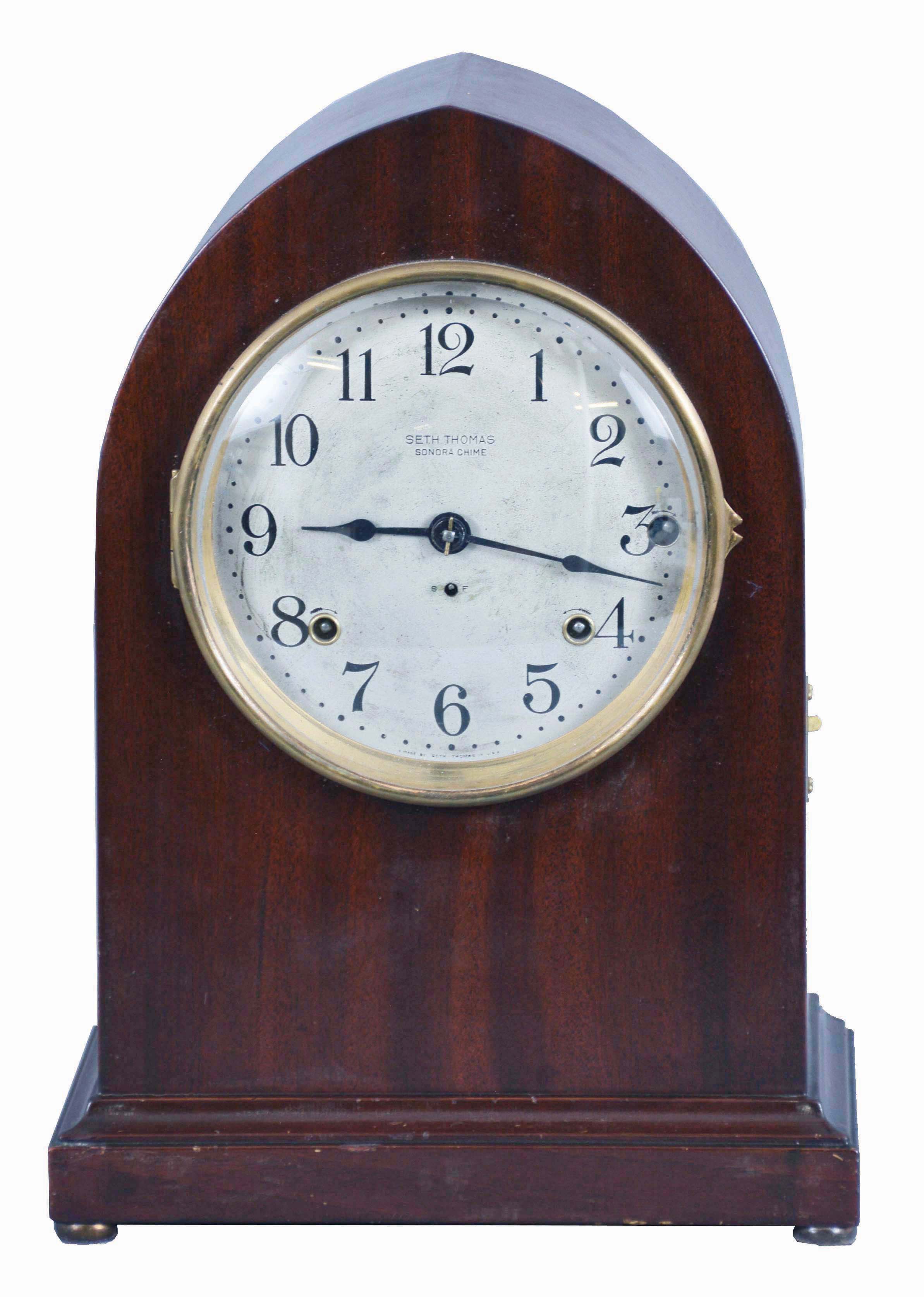 Seth Thomas Clock Co., Thomaston, Conn., "Chime Clock No. 14" shelf clock with a spring driven, 8 day time and 5 Bell Sonora strike movement in a mahogany case. — Antique Clocks Price Guide