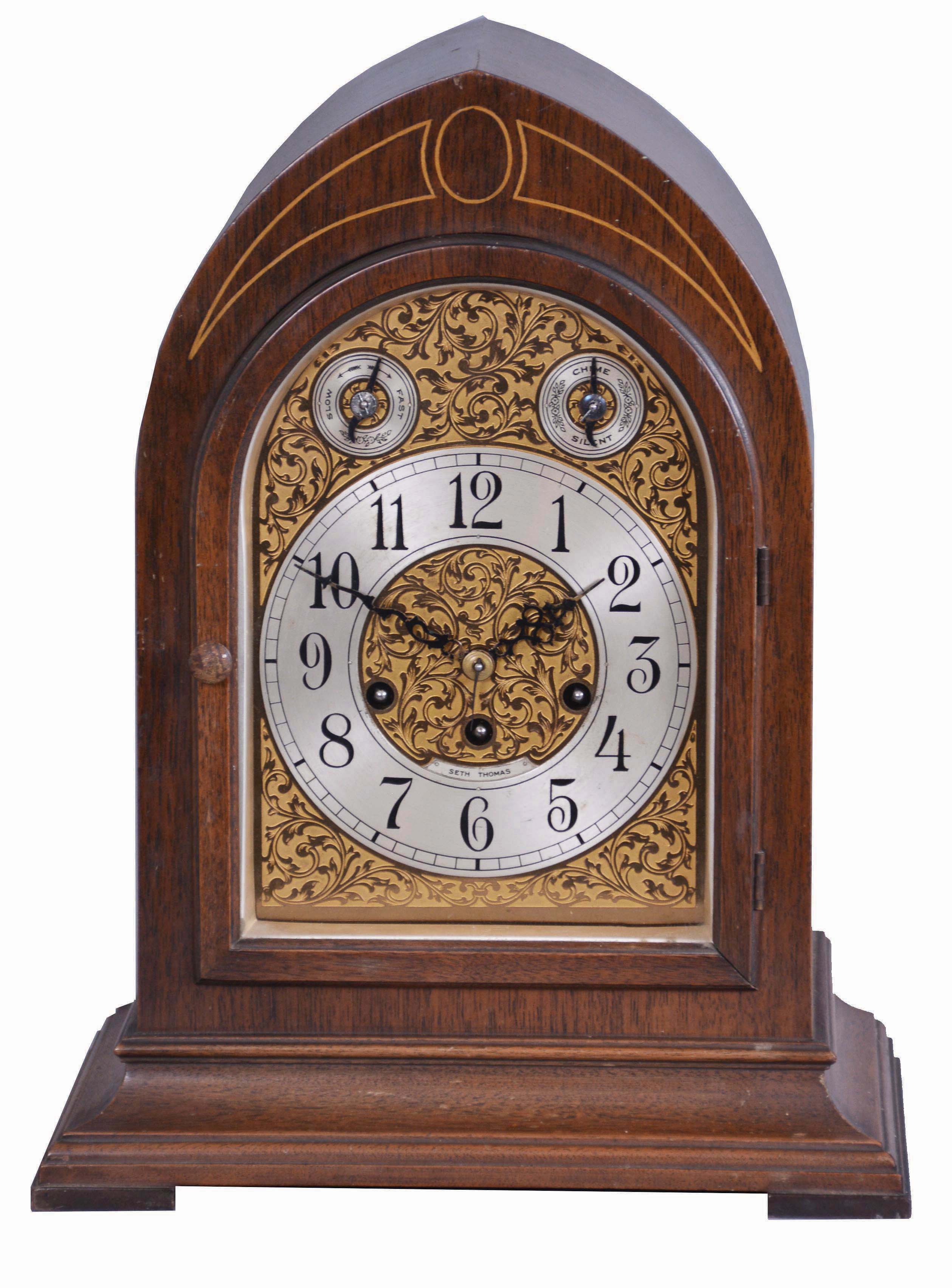 Seth Thomas Clock Co., Thomaston, Conn., "Chime Clock No. 70" shelf clock with a spring driven, 8 day time and Westminster strike movement (No. 113A) in a mahogany case.. — Antique Clocks Price Guide
