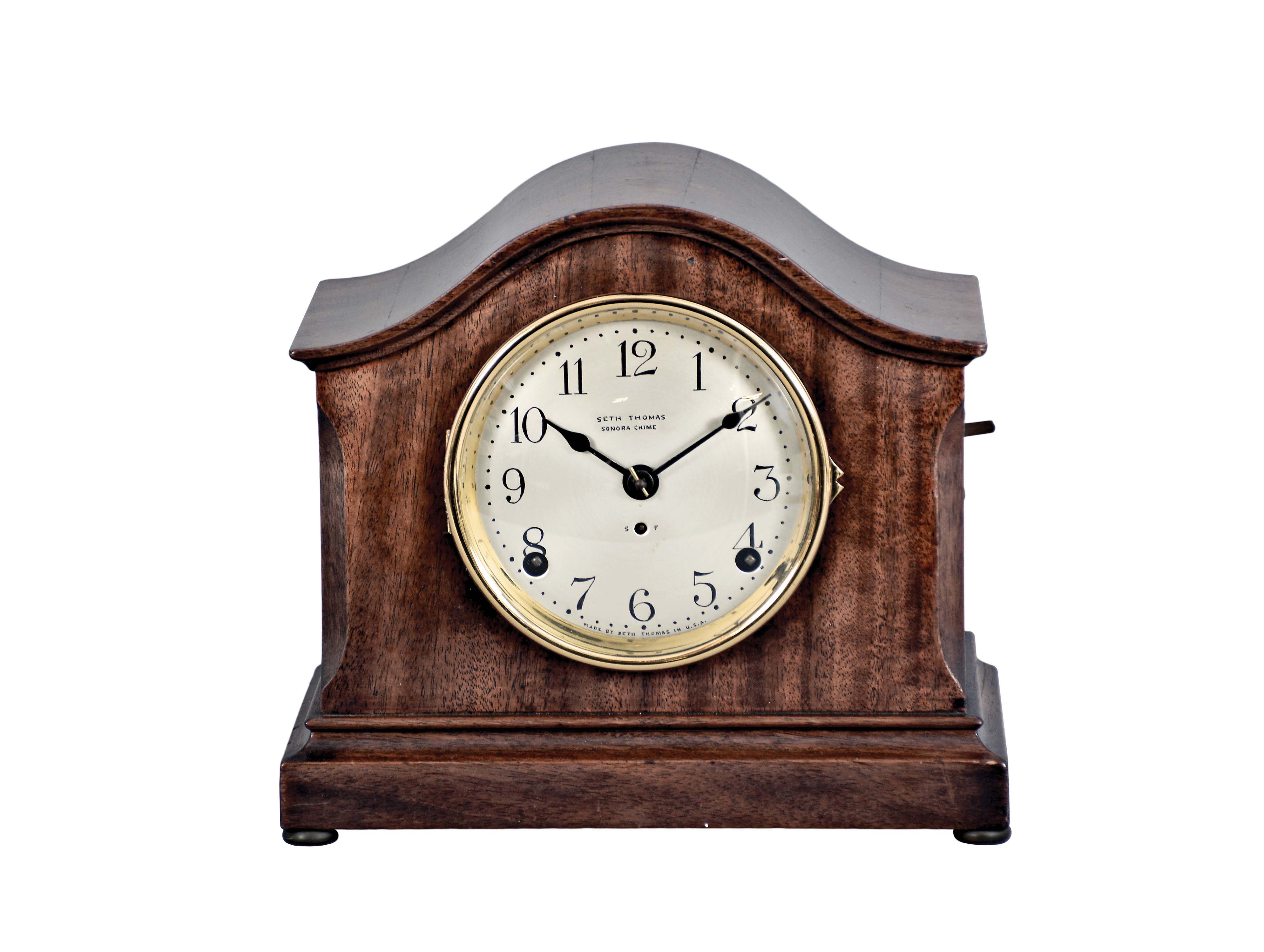 Seth Thomas Clock Co., Thomaston, Conn., "Chime Clock No. 55" shelf clock with a spring driven, 8 day time and 4 Bell Sonora strike movement in a mahogany case. — Antique Clocks Price Guide