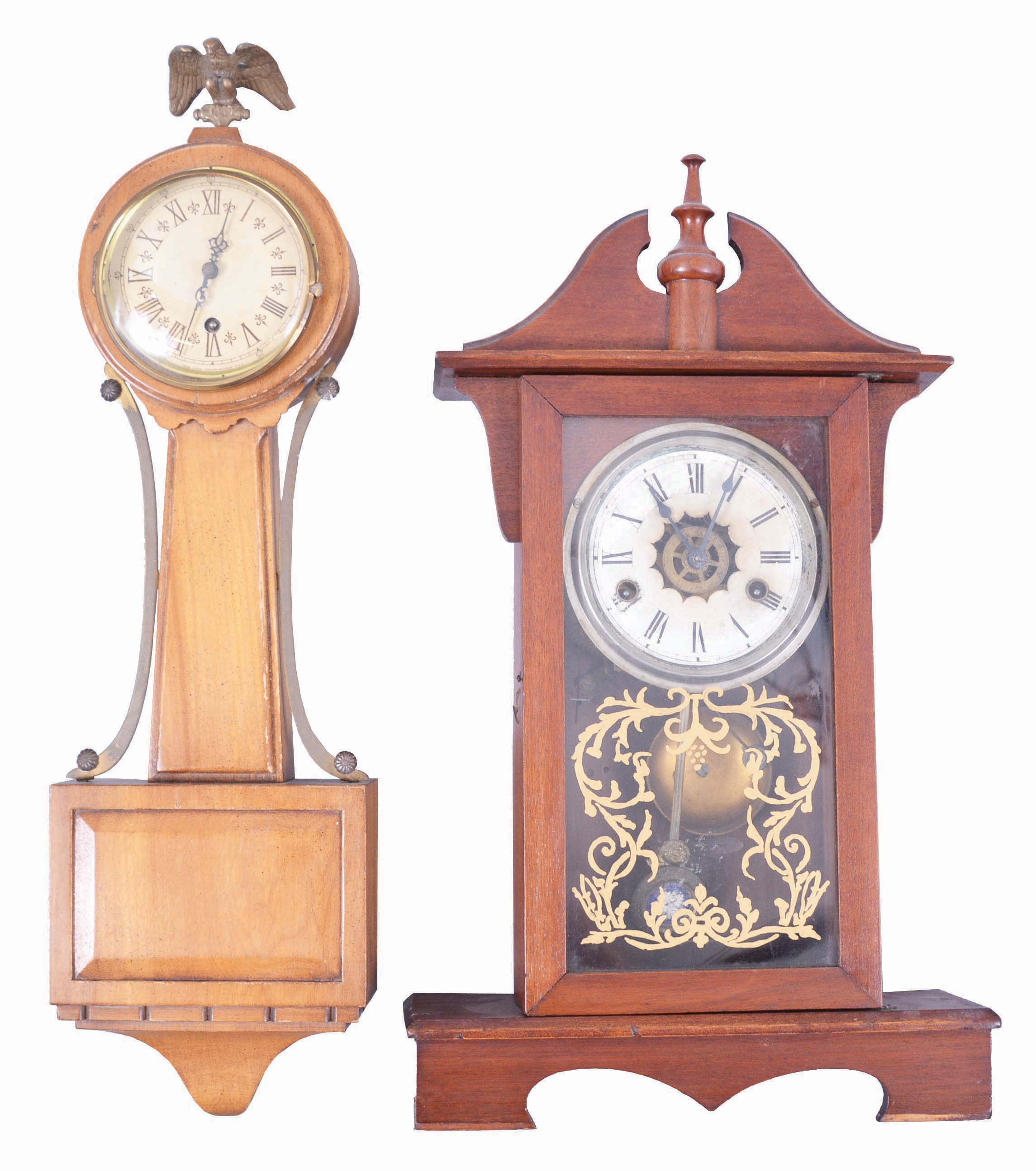 Clocks- 4 (Four) Wood Case: (1) 30 hour time and strike with alarm mantel clock; (2) Trend time only miniature banjo; (3) Hanson Clock Co. three train chiming box clock; (4) large Asian reproduction wall clock with carved case and glass marked "Regulator A". — Antique Clocks Price Guide