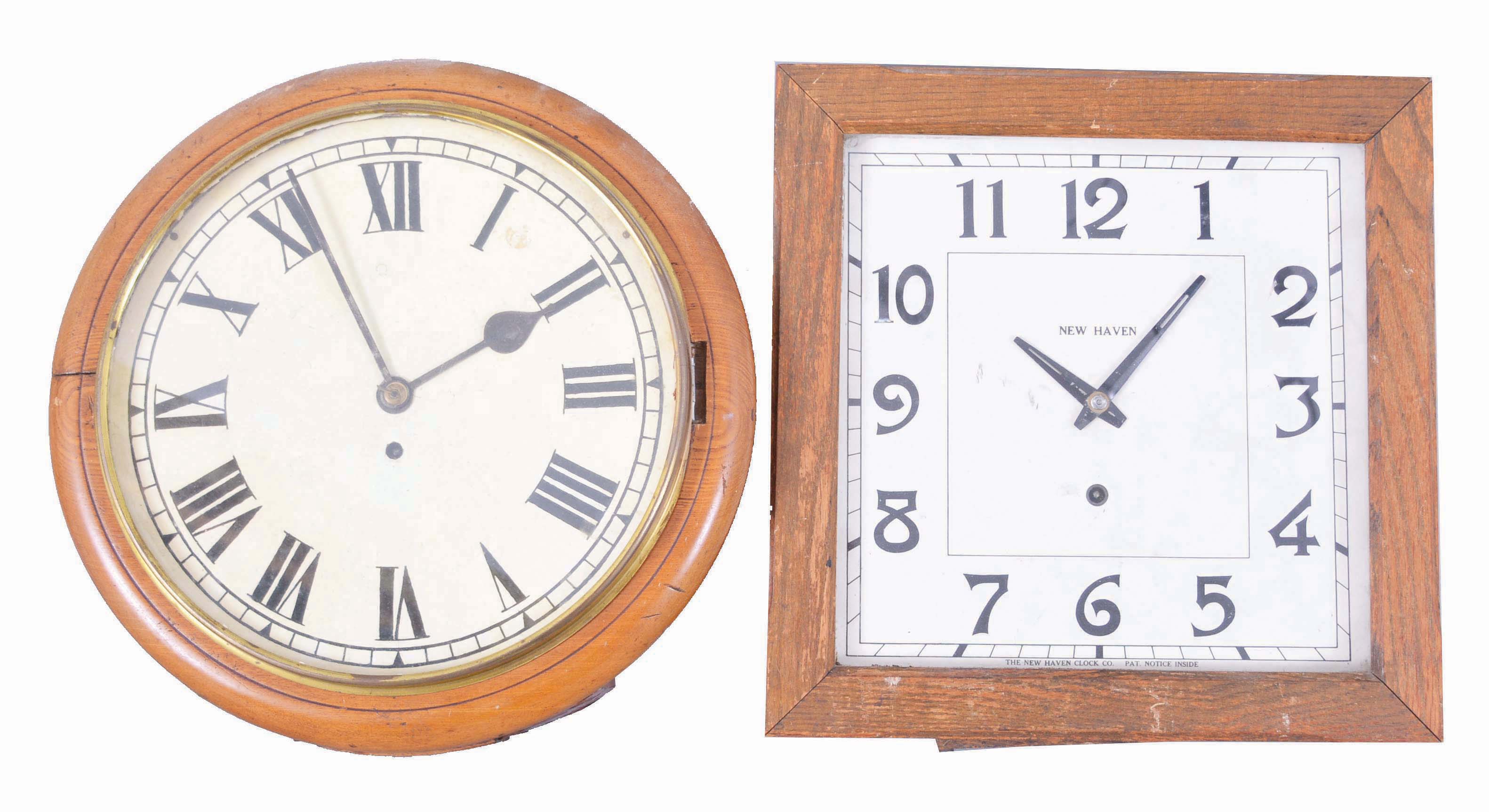 Clocks- 4 (Four) Wall Clocks: (1) English time only fusee movement postal wall timepiece; (2) New Haven "Erie" wall clock; (3) Seth Thomas "Observer" wall timepiece; (4) New Haven "12 Inch Balcony" wall timepiece. — Antique Clocks Price Guide