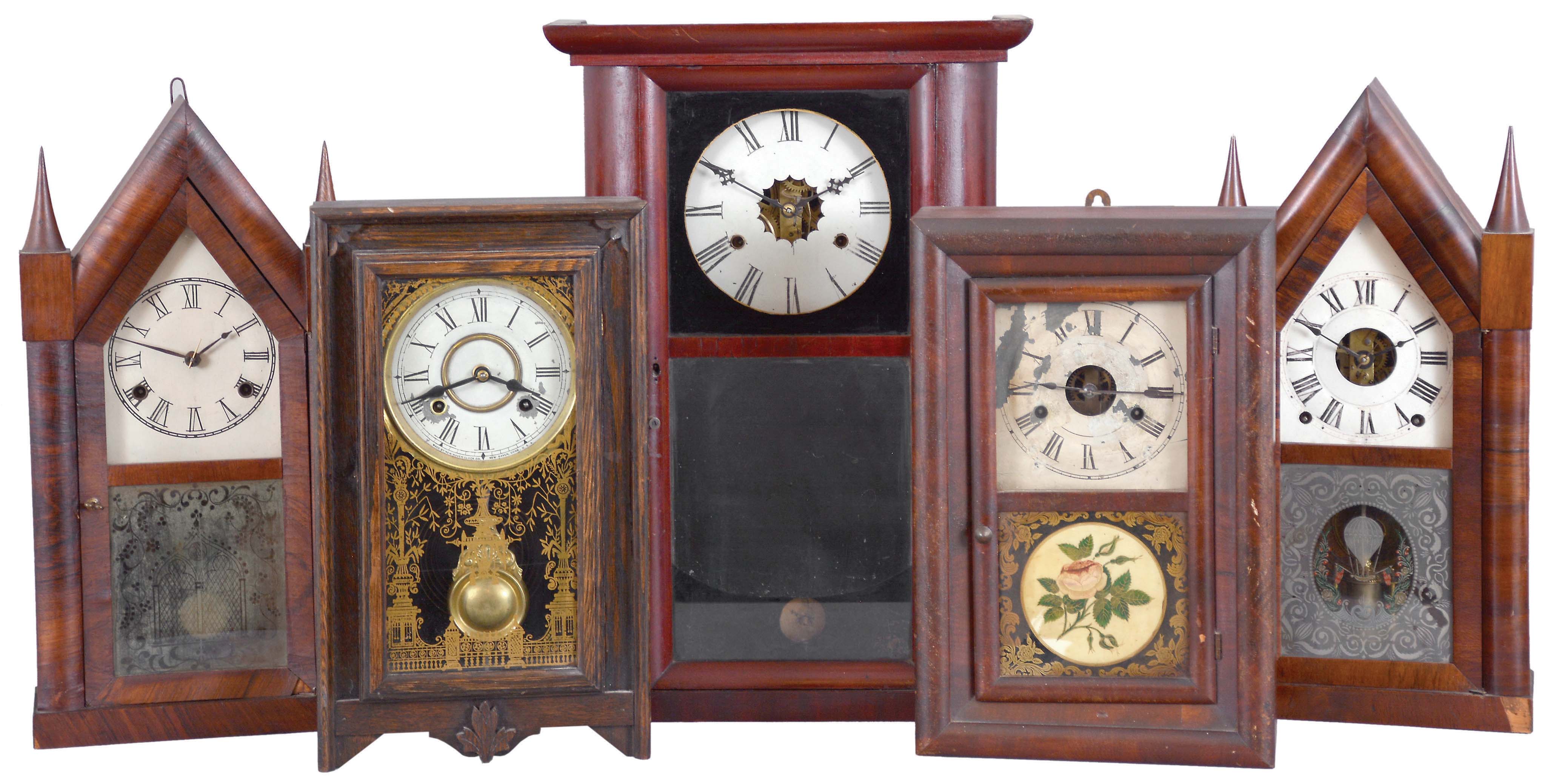 Clocks- 5 (Five): American shelf clocks: (1) Jerome's Gilbert, Grant &amp; Co., Bristol, Conn., round side shelf clock with a weight driven 30 hour time and strike movement in a mahogany veneered case, c1839; (2) Chauncey Jerome, New Haven, Conn., steeple shelf clock with a spring driven 30 hour time and strike movement in a rosewood veneered case, c1850 (3) New Haven Clock Co., New Haven, Conn., "Gypsy Line B" shelf clock with a spring driven, 8 day, time and strike movement in an oak case, c1911. (4) Seth Thomas Clock Co., Thomaston, Conn., "Round Band" shelf clock with a spring driven 30 hour time and strike movement in a mahogany veneered case, c1870. (5) Terry &amp; Andrews, Bristol, Conn., steeple shelf clock with a spring driven, 8 day, time and strike lyre movement in a mahogany veneered case, c1848. — Antique Clocks Price Guide