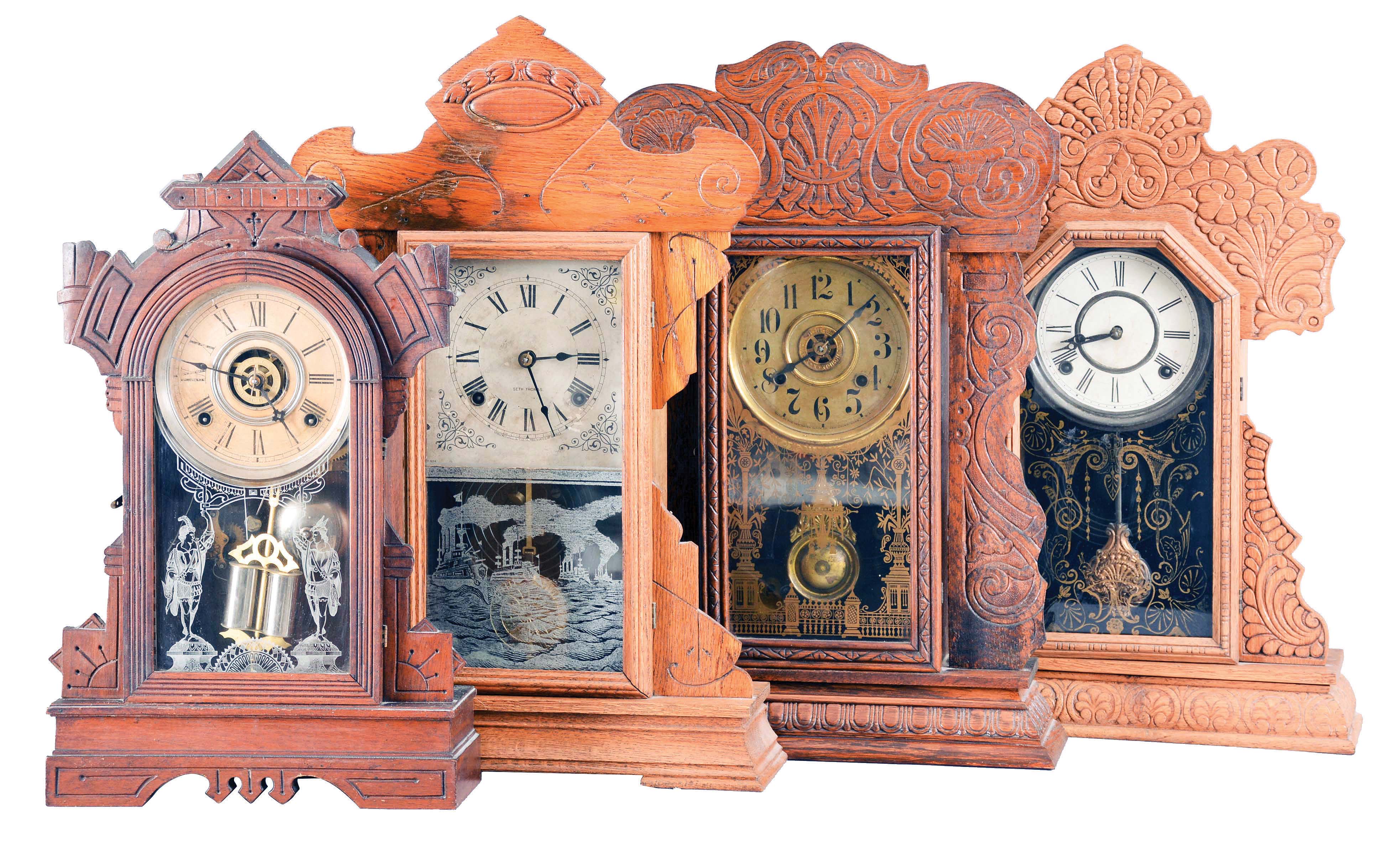 Clocks- 8 (Eight) Mantel and Parlor: assorted 8 day, time and strike, two with alarm, in wood cases by makers including Sessions, Welch, Waterbury, Seth Thomas, Ingraham, and New Haven. — Antique Clocks Price Guide
