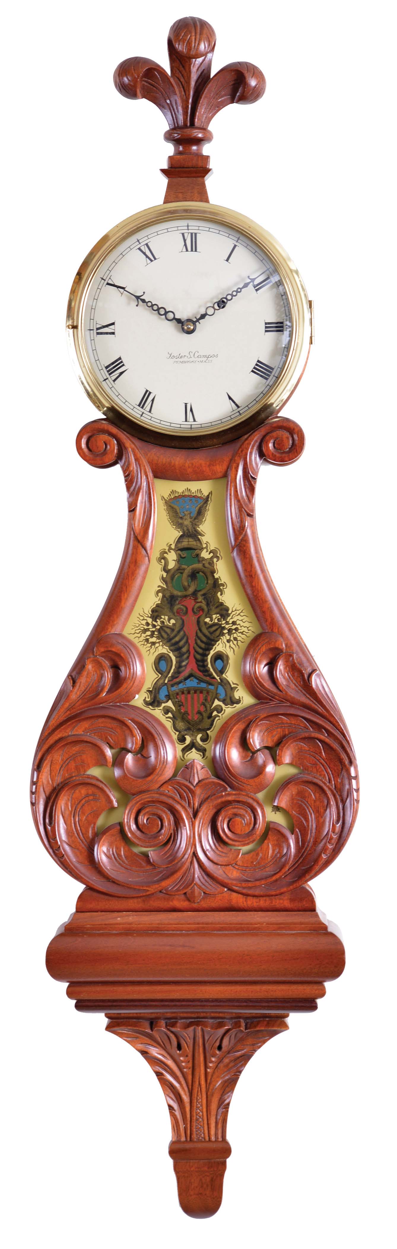 Foster Campos, Pembroke, Mass., 8 day, weight driven brass movement Lyre front banjo wall timepiece. Case is stamped "5" and "72". — Antique Clocks Price Guide