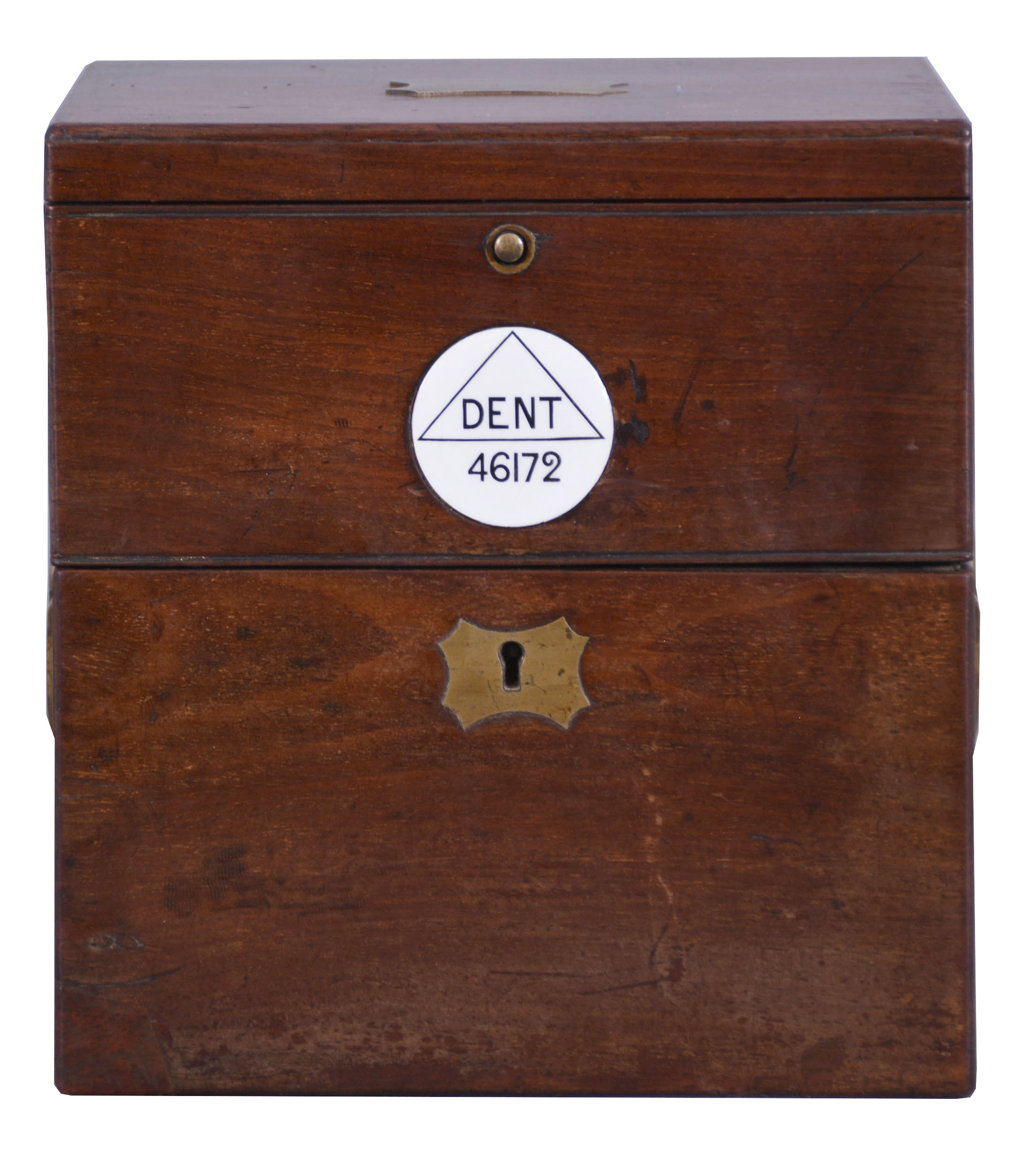 Dent, 61 Strand &amp; 4 Royal Exchange, London, a good two day marine chronometer with Dent's staple balance, 11 jewel, free sprung fusee movement with Earnshaw's escapement, bimetallic staple balance with white helical spring and diamond endstone, Roman numeral silvered dial with wind indicator, blued steel spade and poker hands, contained in a brass bowl, and mounted in a gimballed mahogany and mahogany veneer box with brass furniture, the front with round plaque marked "Dent 46172", the inside of the lid with E. Dent &amp; Co. label — Antique Clocks Price Guide