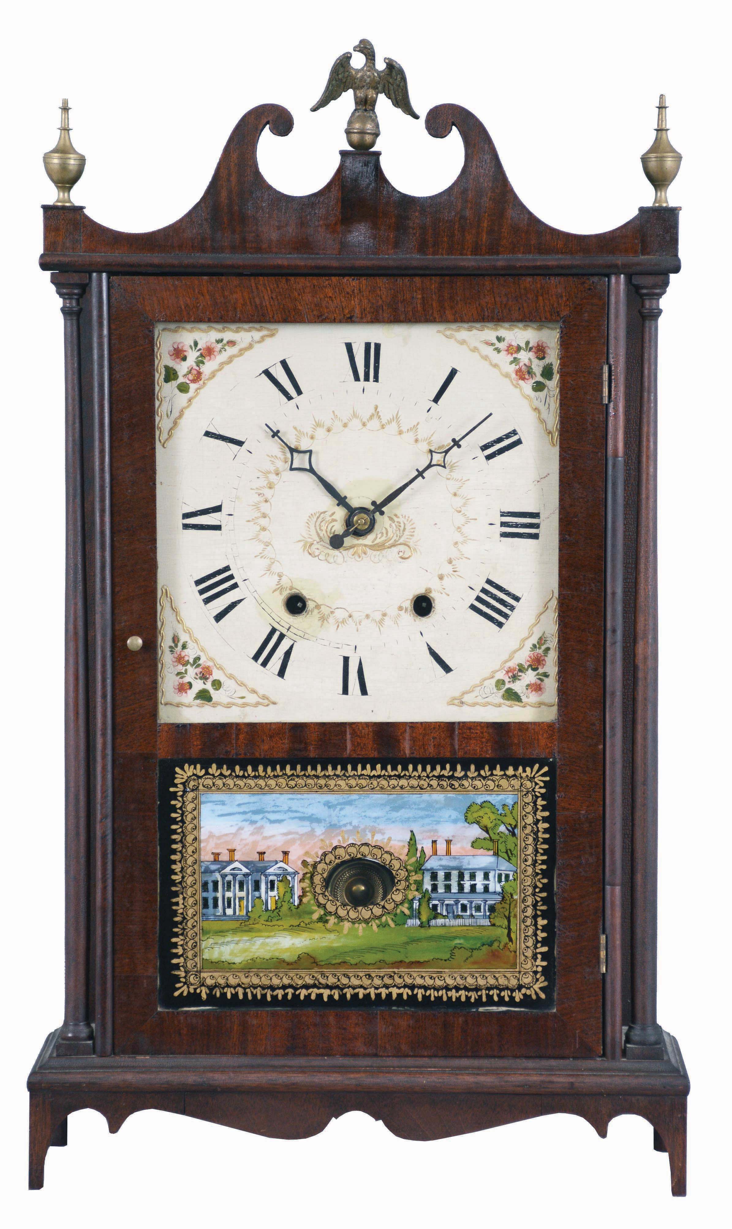 Mark Leavenworth, Waterbury, Conn. 30 hour, time and strike, weight wood movement pillar &amp; scroll shelf clock. — Antique Clocks Price Guide
