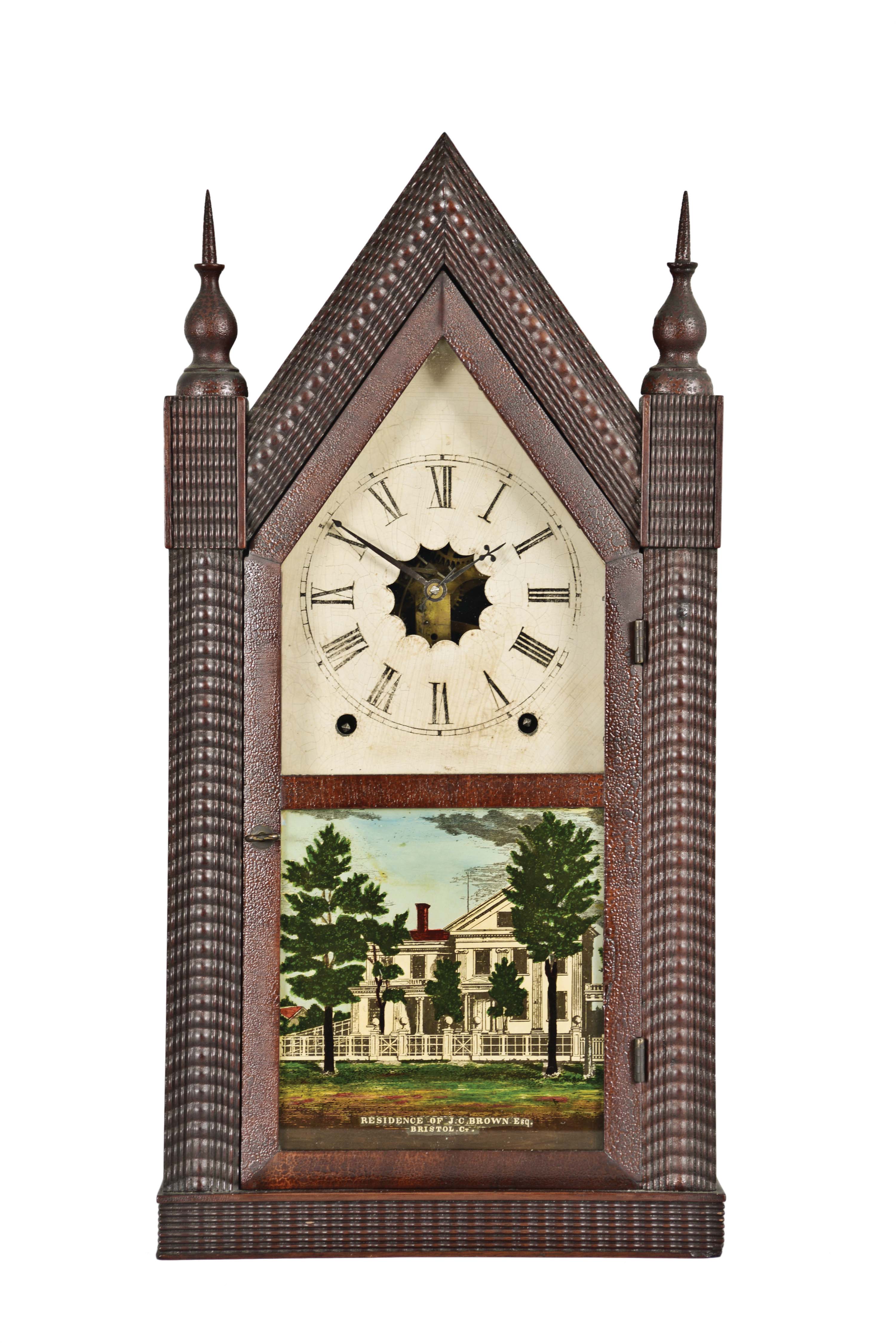 Forestville Mfg. Co., J. C. Brown, Bristol, Conn., ripple front steeple clock with a spring driven, 8 day, time and strike movement in a rosewood veneered case. — Antique Clocks Price Guide