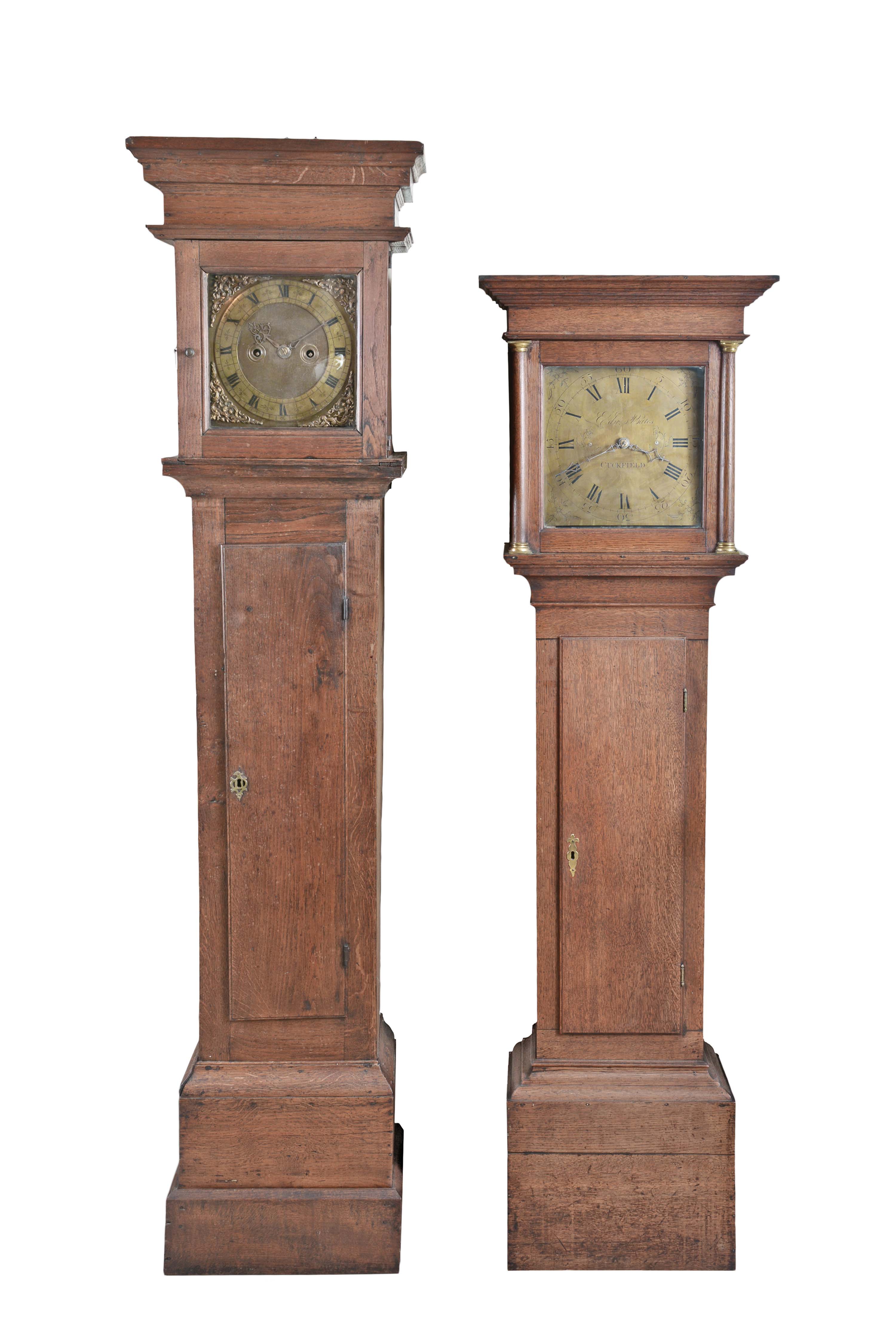 Tall Clocks- 2 (Two) England, time and bell strike, weight driven: (1) Edw. Bates, Cuckfield, 30 hour; (2) 8 day, unsigned — Antique Clocks Price Guide