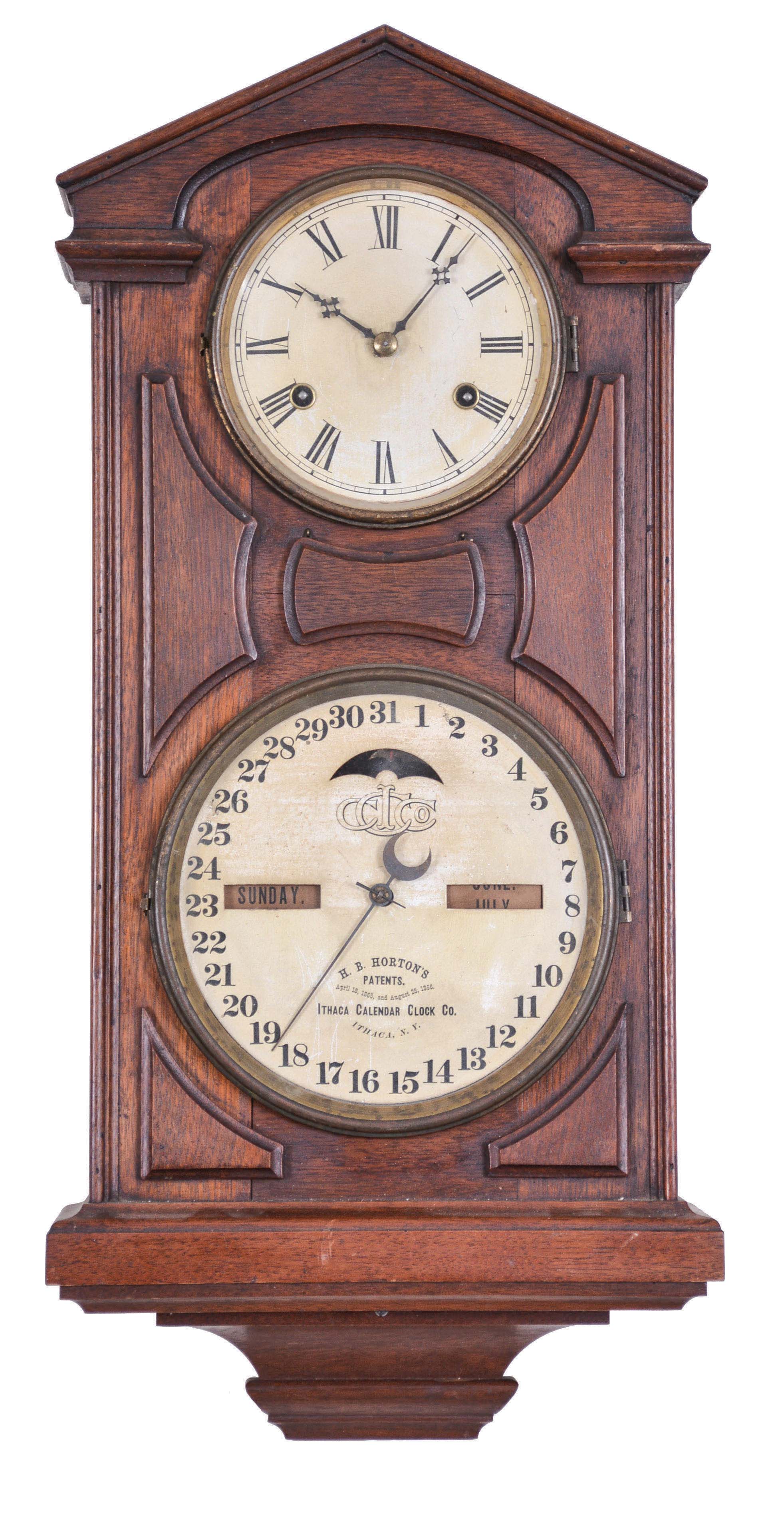 Ithaca Calendar Clock Co., Ithaca, New York, "Hanging Cottage No. 7", 30 day, double wind spring brass movement double dial calendar clock. — Antique Clocks Price Guide