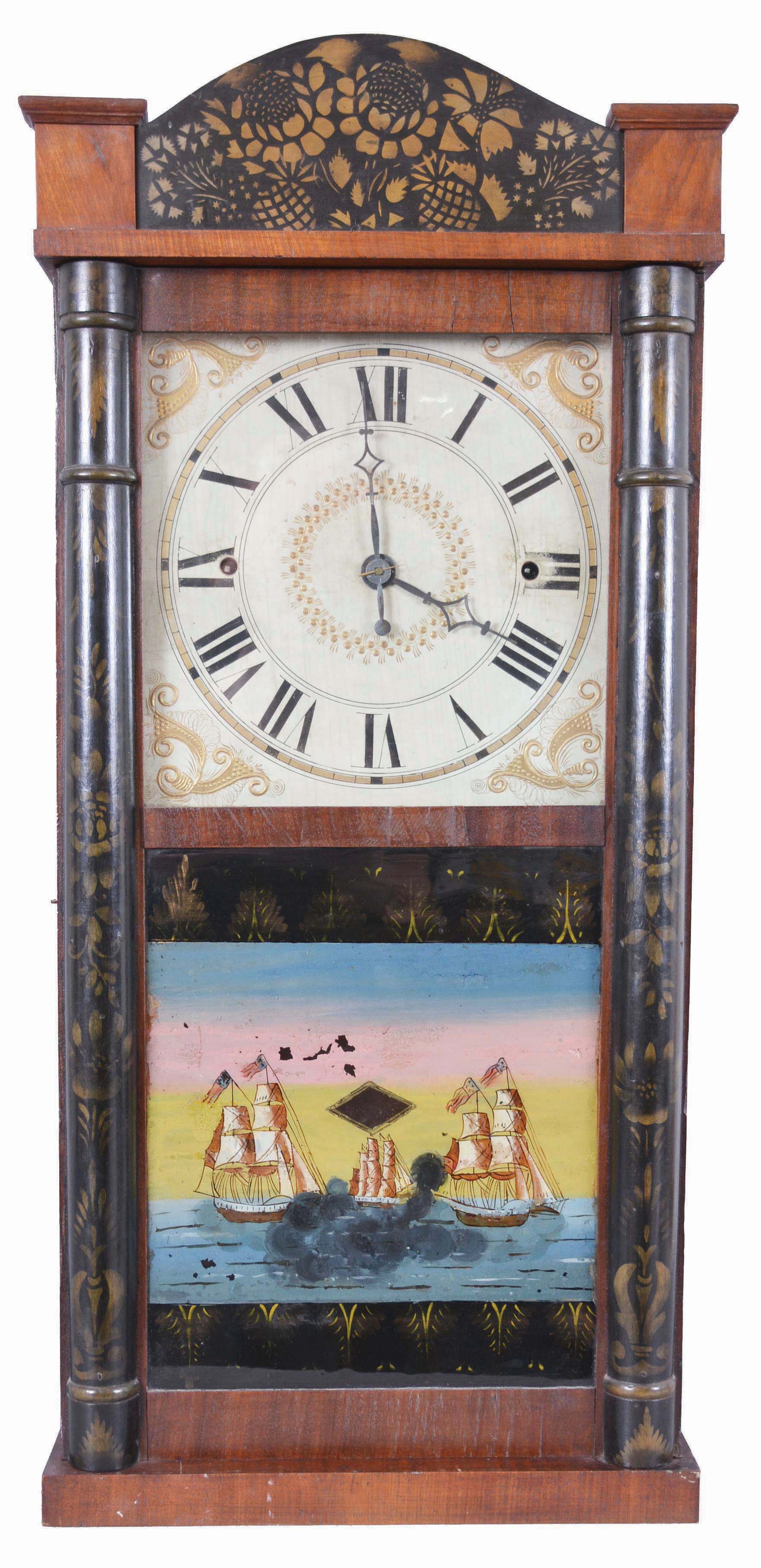 Norris North, Torrington, Conn., 30 hour, time and strike, weight wood movement column &amp; splat shelf clock. — Antique Clocks Price Guide