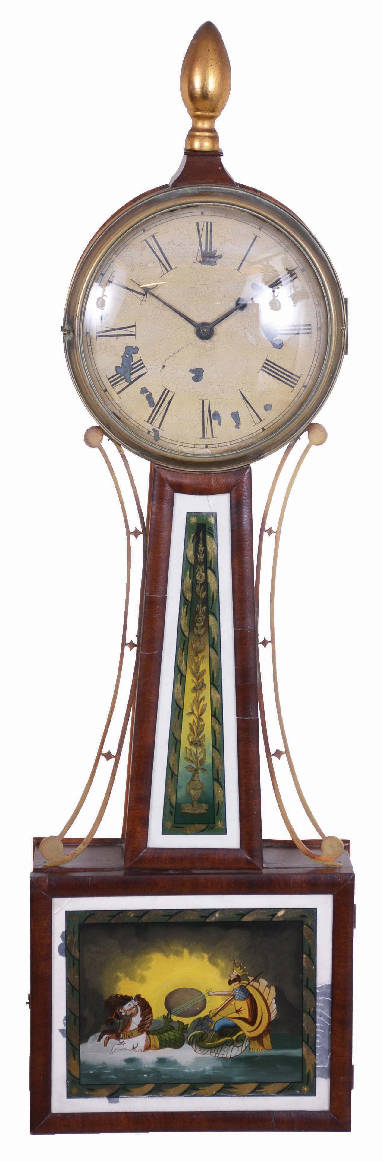 Willard School Patent Timepiece or "Banjo" Clock, Boston, Massachusetts with mahogany case, uniform cut head, painted iron roman numeral dial, half round frames enclosing reverse-paintings on glass, the throat glass with classical urn and leafage flanked by brass sided ornaments, the box glass depicting Zeus on his horse-driven chaise with leafage border and aperture for pendulum viewing, eight day brass time only movement with recoil escapement, lead weight and brass-faced pendulum, — Antique Clocks Price Guide