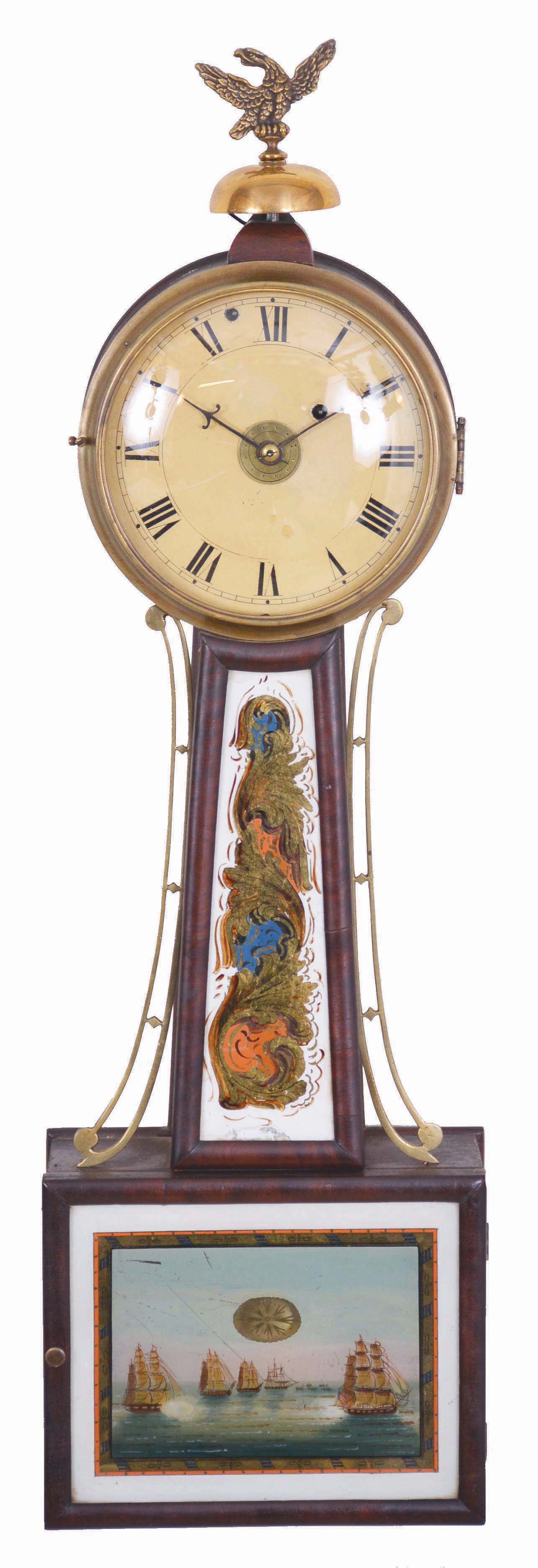 Reuben Tower, Hingham, Massachusetts Patent Timepiece or "Banjo" Clock with Alarm, the mahogany case with roman numeral painted iron dial faintly inscribed "R Tower", brass side ornaments flank the waist glass of gilt scrolls against a red, white and blue background framed with half rounded moldings, the lower glass depicts five war ships in battle and central pendulum aperture, eight day, step train timepiece movement with integral alarm and winding arbor, powered by two lead weights and regulated by a pendulum. — Antique Clocks Price Guide