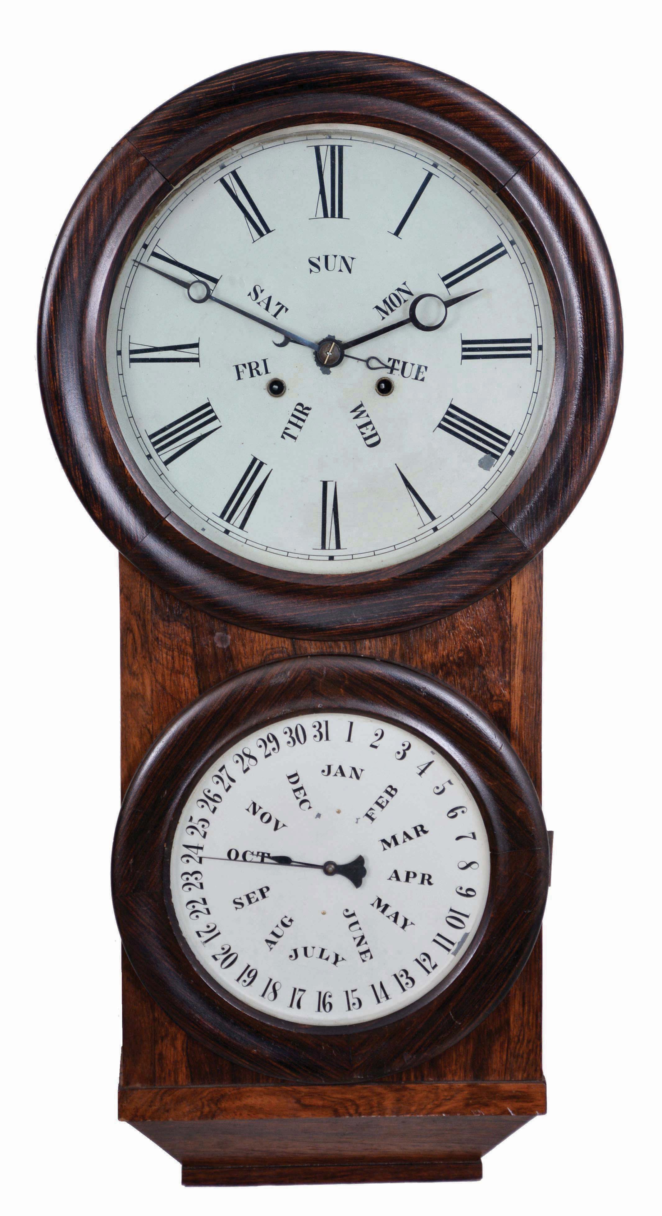 L. F. &amp; W. W. Carter, Bristol, Conn., 8 day, double weight brass movement double dial calendar clock. — Antique Clocks Price Guide