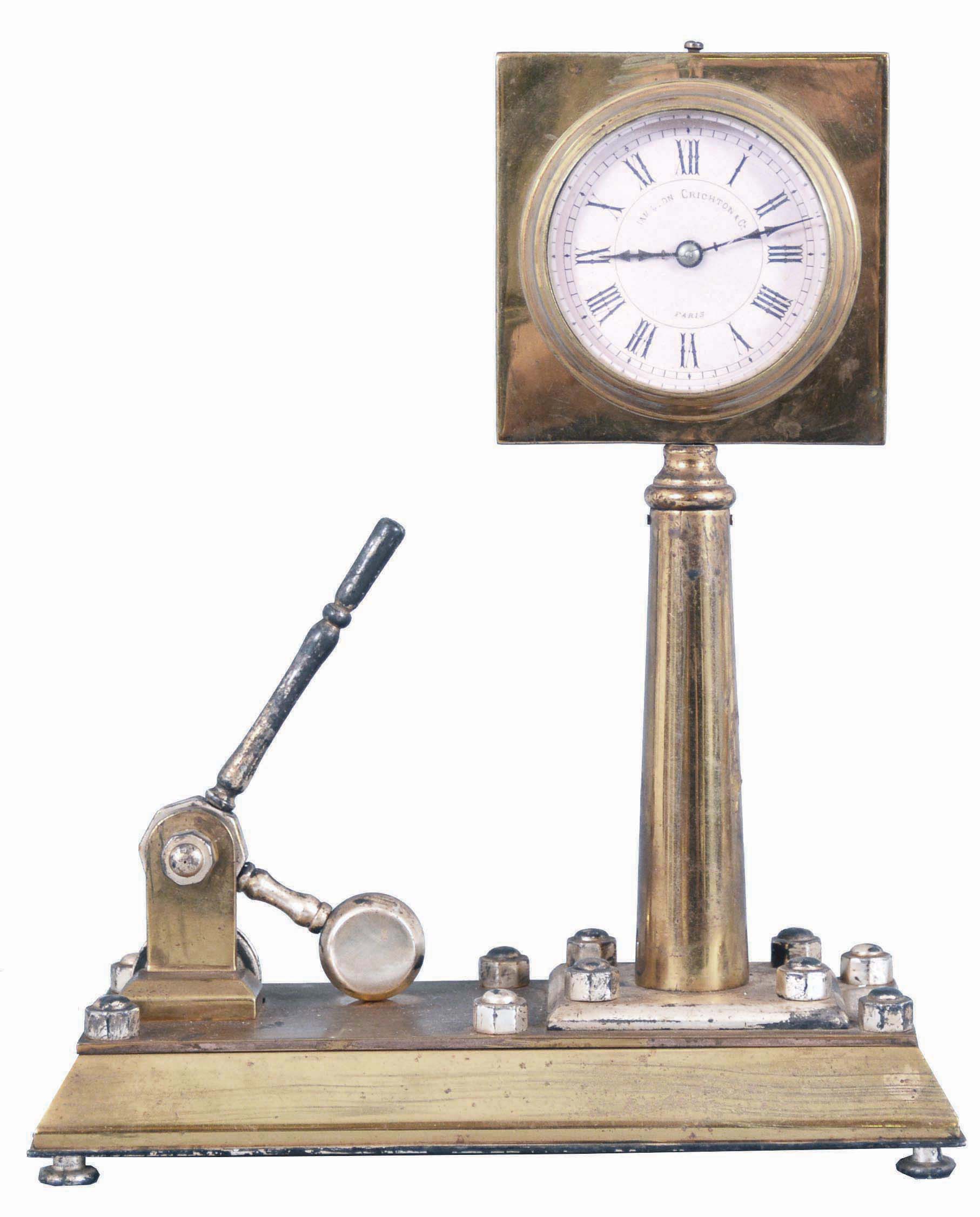 Hamilton, Crichton and Co., Paris, weather station with clock, aneroid barometer, and thermometer on a industrial metal base with counterweighted lever that, when pulled, causes the clock and barometer to rotate 180 degrees and return automatically when released. — Antique Clocks Price Guide