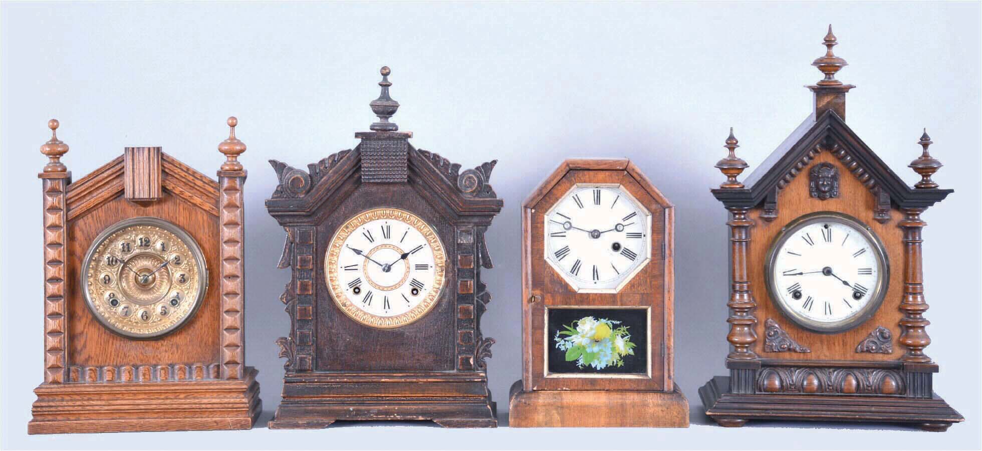 Clocks- 4 (Four): (1) Ansonia TURKEY in golden oak, embossed dial, 8 day; (2) Ansonia TORONTO in oak and with original crazed finish; (3) German copy of octagon top cottage clock, unknown duration, and (4) a German "Alt Deutsch" style shelf clock with a copy of the Ansonia 8 day movement. — Antique Clocks Price Guide