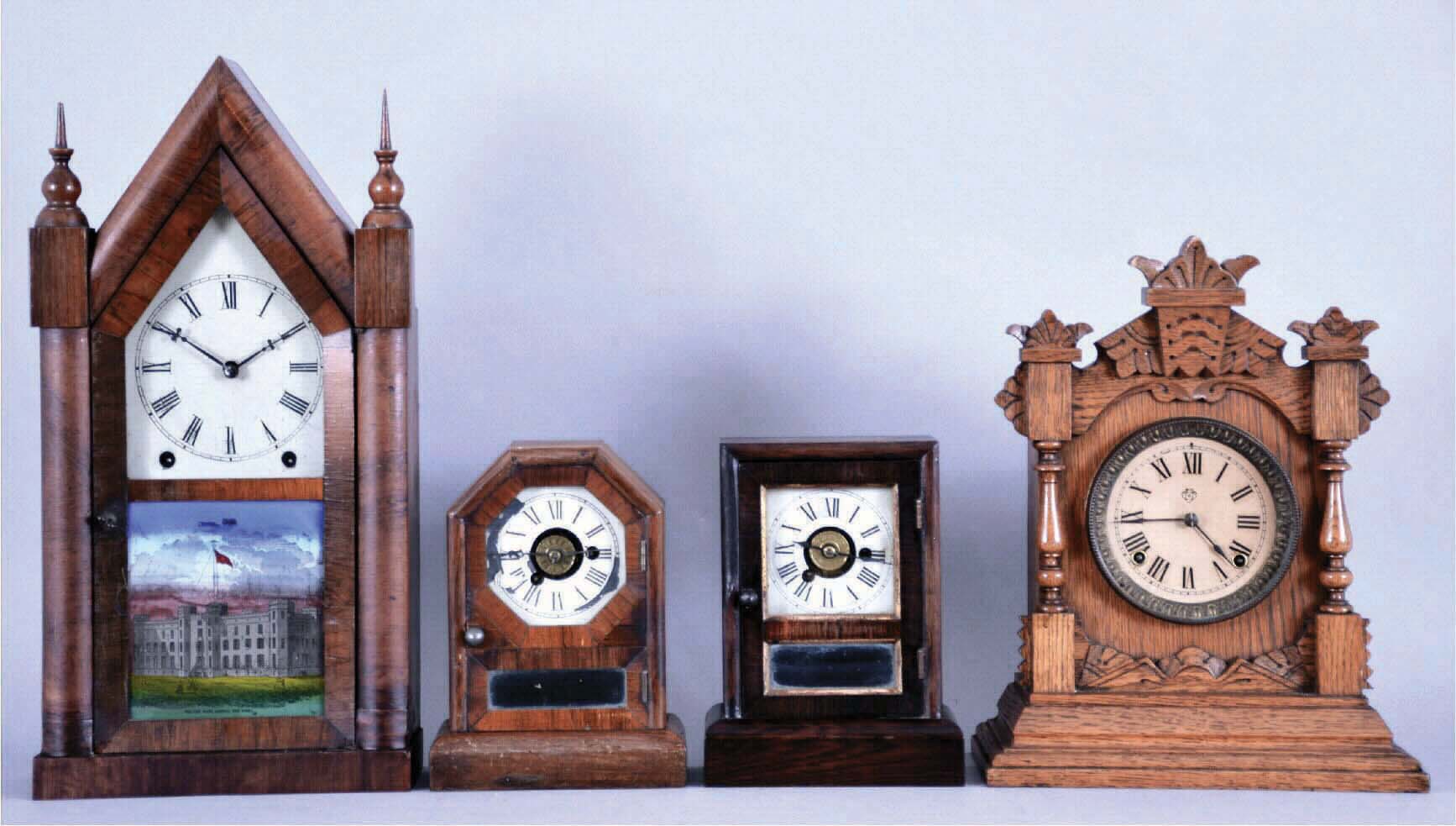 Clocks- 4 (Four) American Shelf: (1) Jerome &amp; Co., (New Haven), 8 day steeple clock, mahogany; (2) Seth Thomas, octagon top time and alarm cottage clock; (3) Seth Thomas Flat Top, time and alarm cottage clock and (4) Ansonia "TIVOLI" in oak, 8 day time and gong strike. — Antique Clocks Price Guide