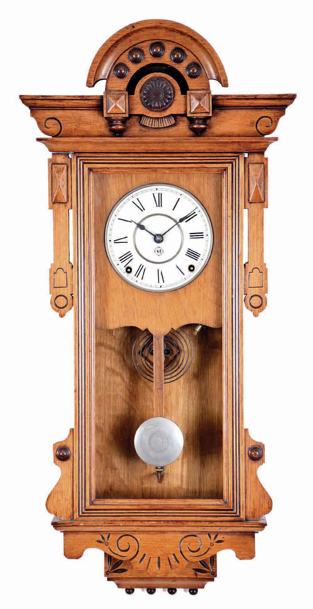 Seth Thomas Clock Co., Thomaston, Conn., "Panama" model wall clock in oak, 8 day time and gong strike — Antique Clocks Price Guide