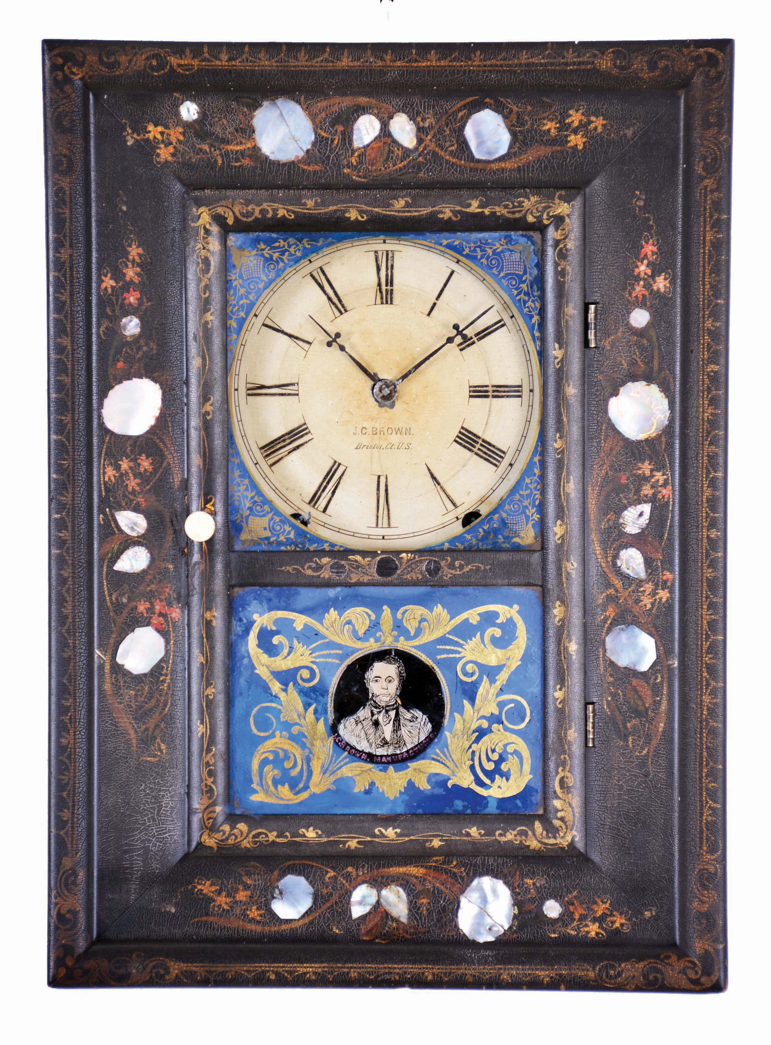 J. C. Brown, Forestville, Conn., (Forestville Mfg), early and uncommon "Picture Frame" clock. A paper mache case decorated with mother of pearl and gold painted flowers over a black background. 8 day — Antique Clocks Price Guide