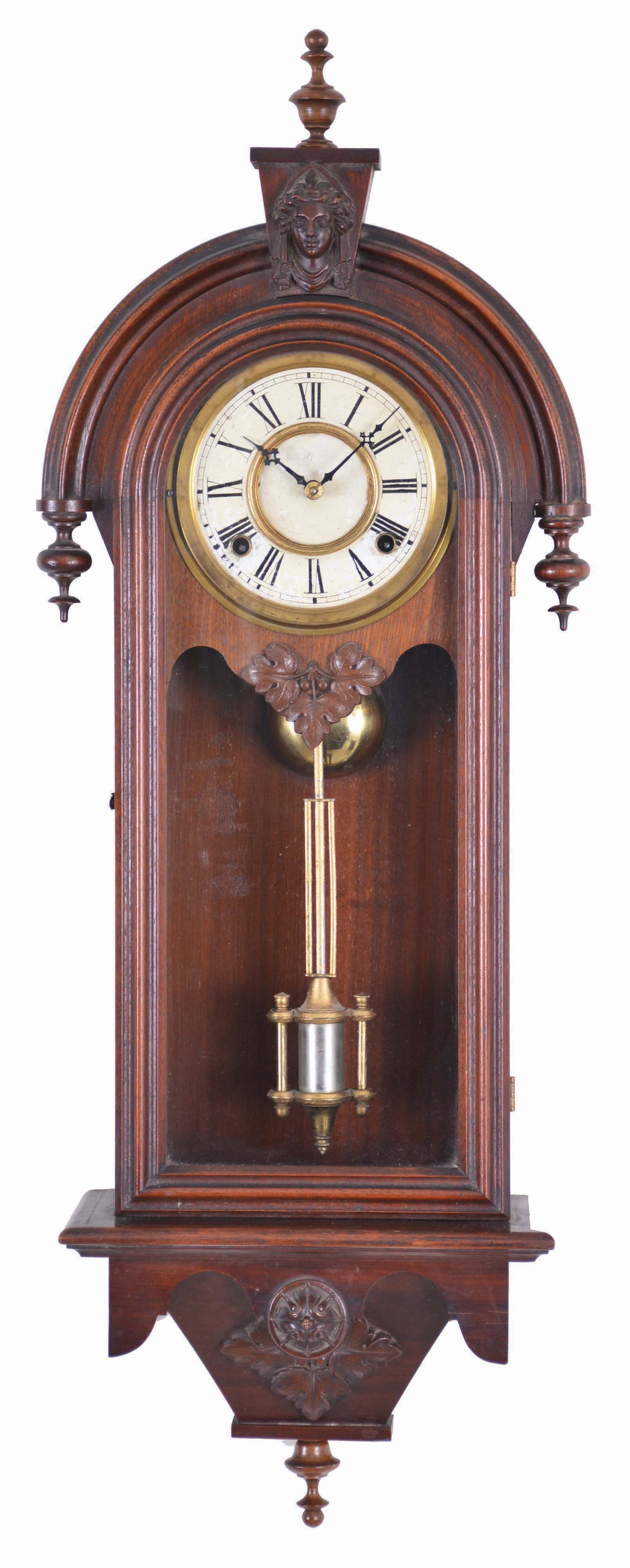 Wm L. Gilbert Clock Co., Winsted, Conn., "Pendant" model wall clock in walnut, 8 day time and bell strike. — Antique Clocks Price Guide