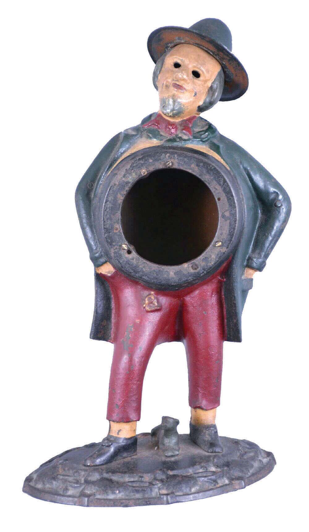 American, attributed to Bradley &amp; Hubbard, CASE ONLY for an exceedingly rare blinking eye clock: "MAN IN TRENCH COAT WITH DOG" — Antique Clocks Price Guide