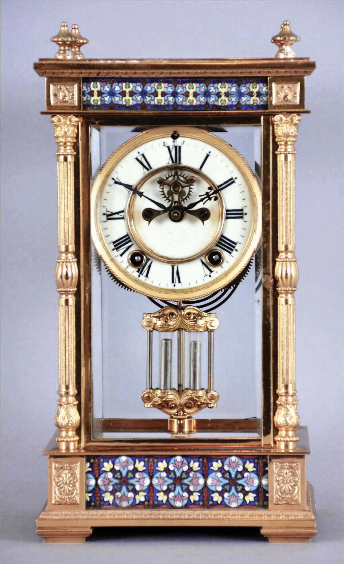 Ansonia Clock Co., New York, rare "Emperor" model shelf clock, 4-glass crystal regulator, with cloisonne enamel inlay on all 4 sides, top and bottom, and faux compensating pendulum — Antique Clocks Price Guide