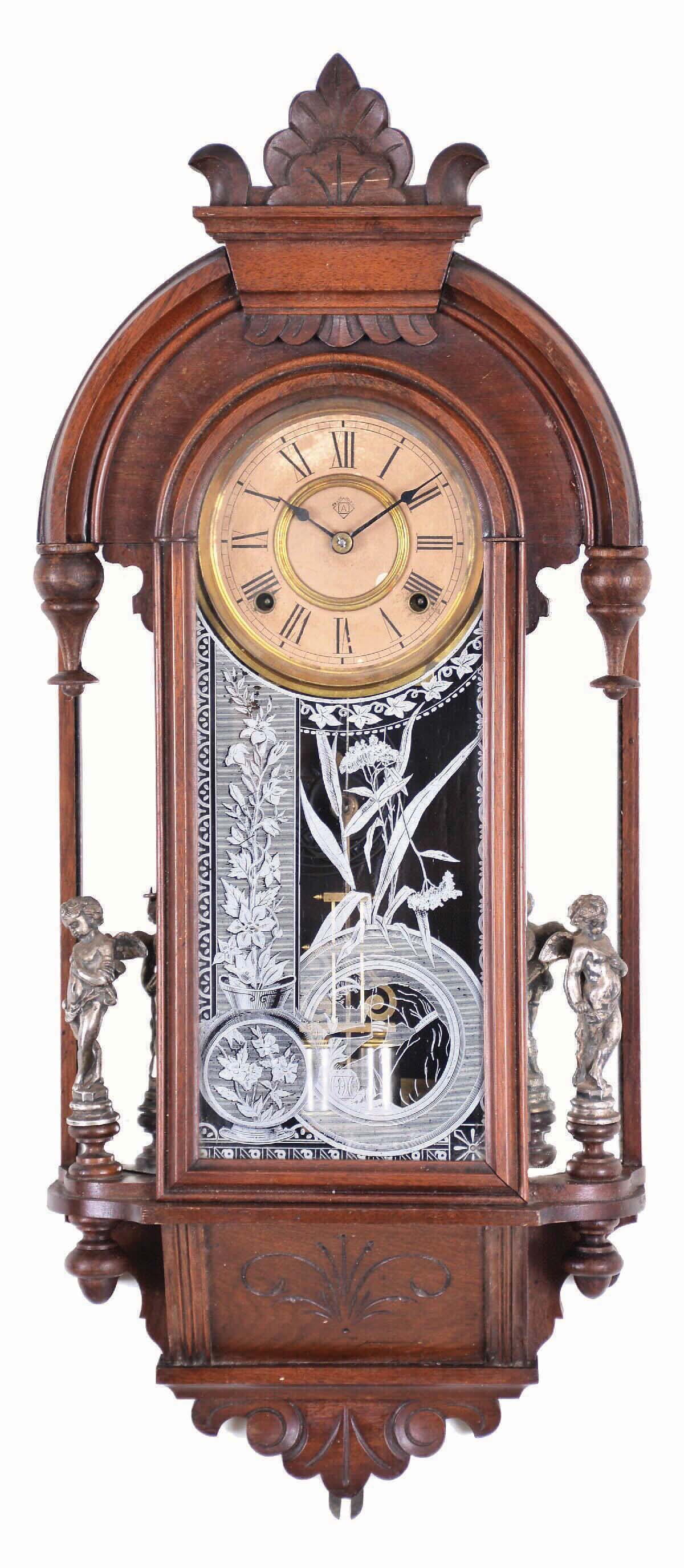 Ansonia Clock Co., New York, "Major" wall clock, walnut cased mirror side, 8 day gong strike. — Antique Clocks Price Guide