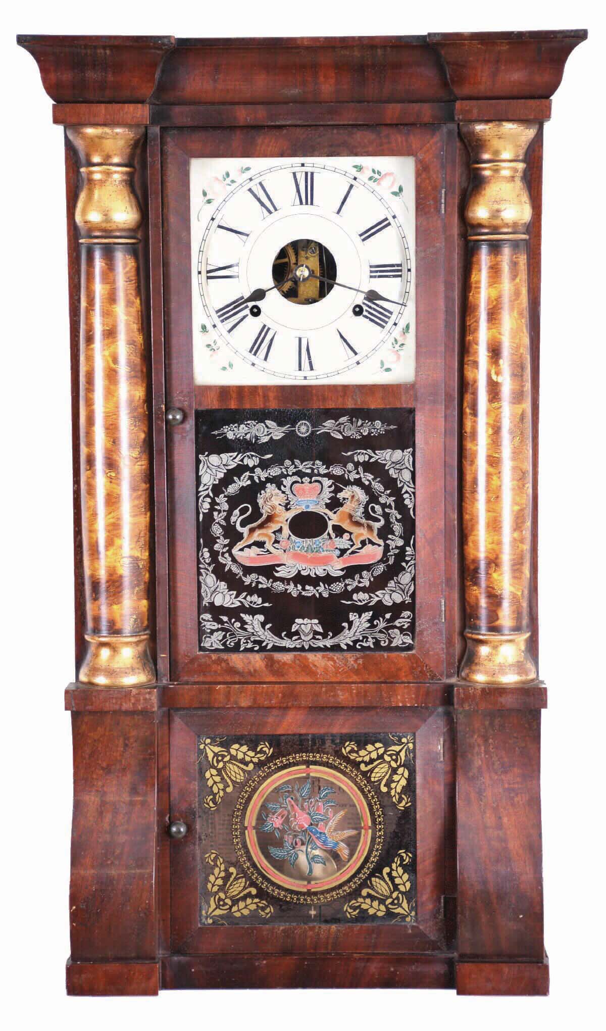 Seth Thomas Clock Co., Plymouth Hollow, Conn., outstanding "LARGE MAHOGANY SHELL COLUMN", or column and cornice shelf clock, 2-weight, 8 day. — Antique Clocks Price Guide