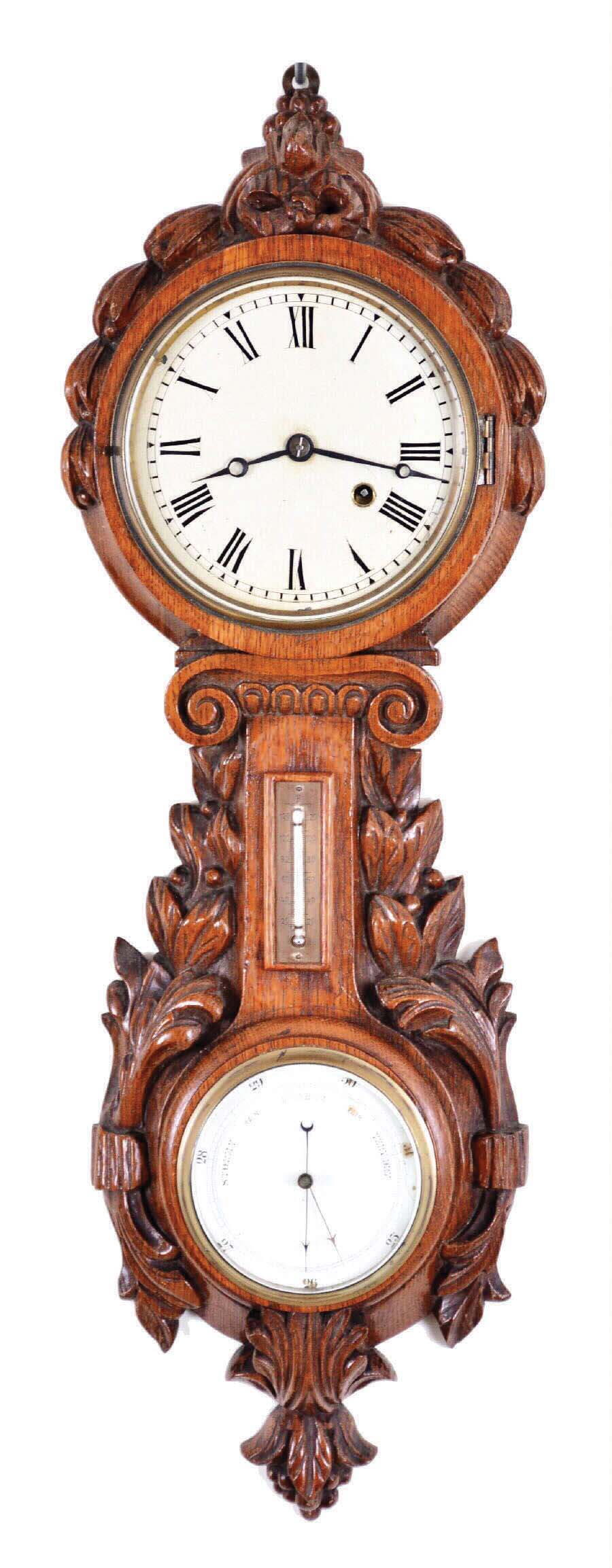 An unusual Anglo-American timepiece with barometer, in a carved oak case with thermometer in center. — Antique Clocks Price Guide