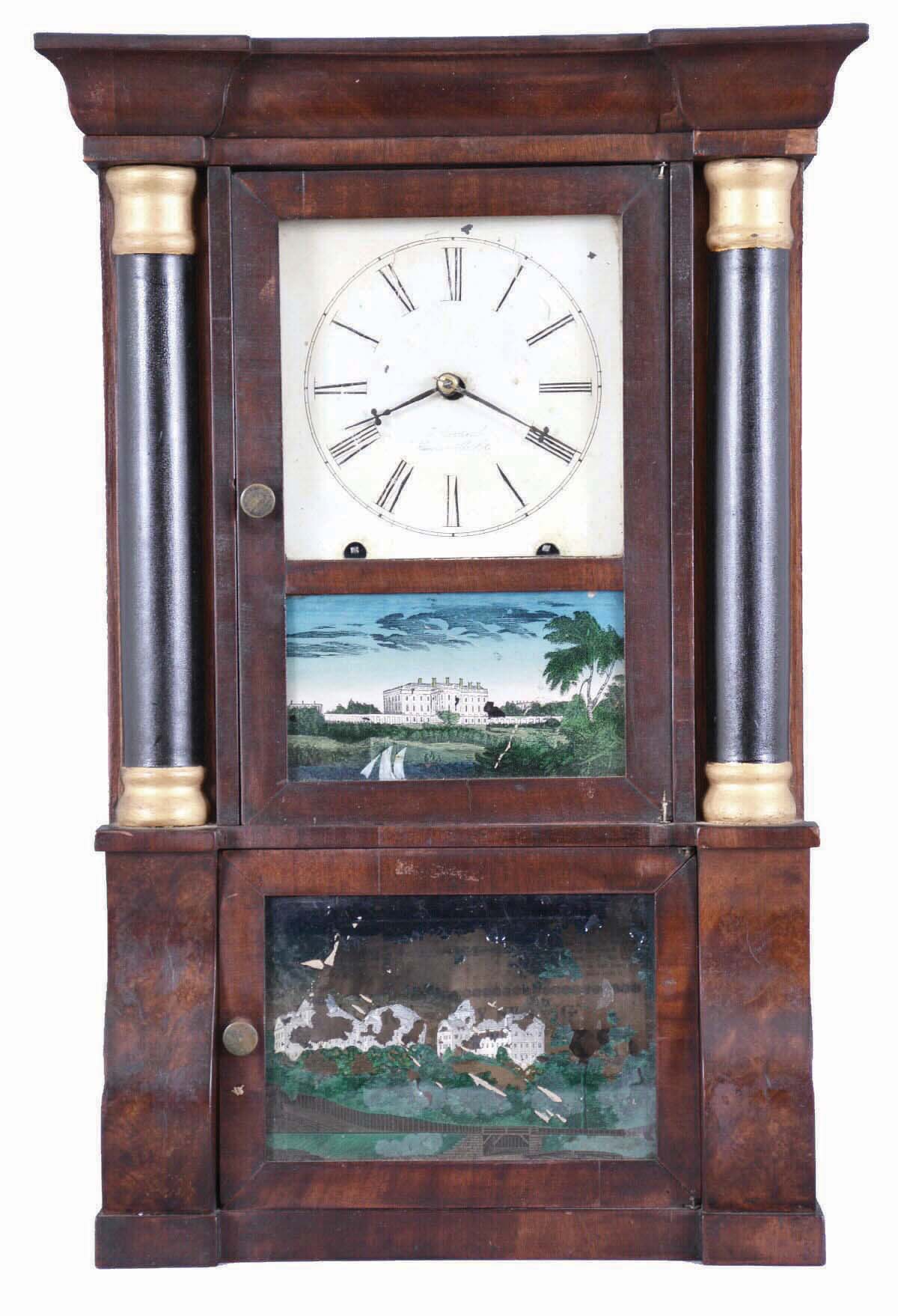 Chauncey Goodrich, Forestville, Conn., miniature empire COLUMN AND CORNICE, 8 day [spring] time and gong strike — Antique Clocks Price Guide
