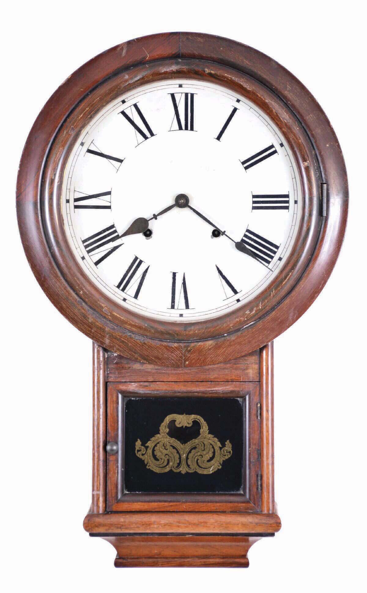 Welch, Spring &amp; Co., Forestville, Conn., "Round Top Drop Regulator", 8 day, time and strike, in a rosewood case. — Antique Clocks Price Guide