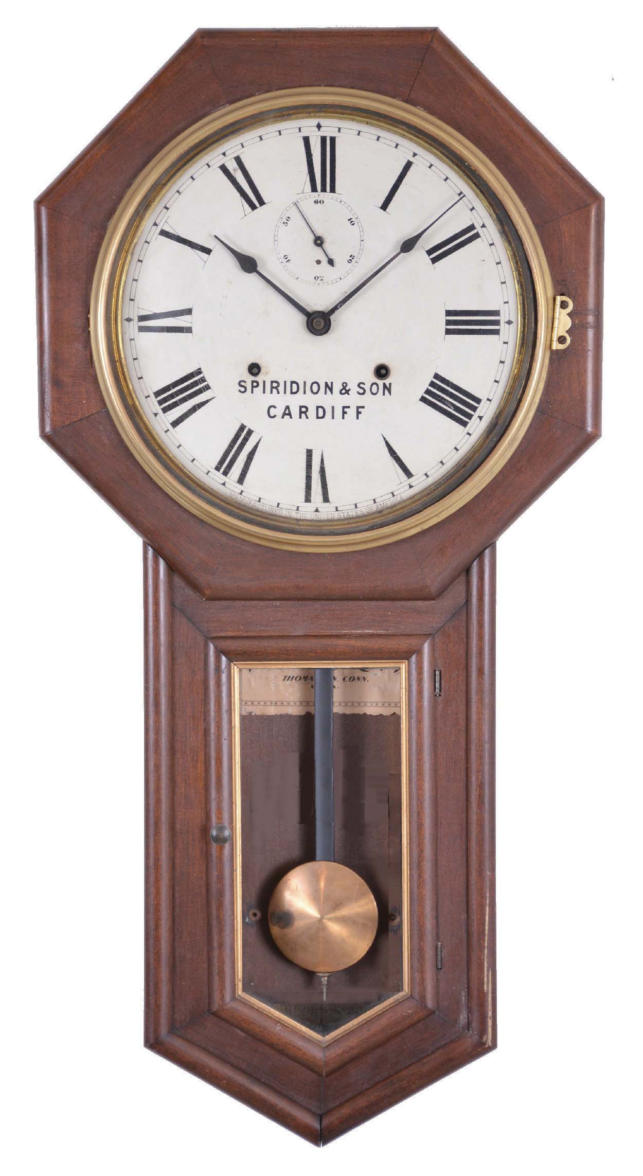 Seth Thomas Clock Co., Thomaston, Conn., "World" long drop octagon model, in walnut and with double spring 15 day timepiece movement. — Antique Clocks Price Guide
