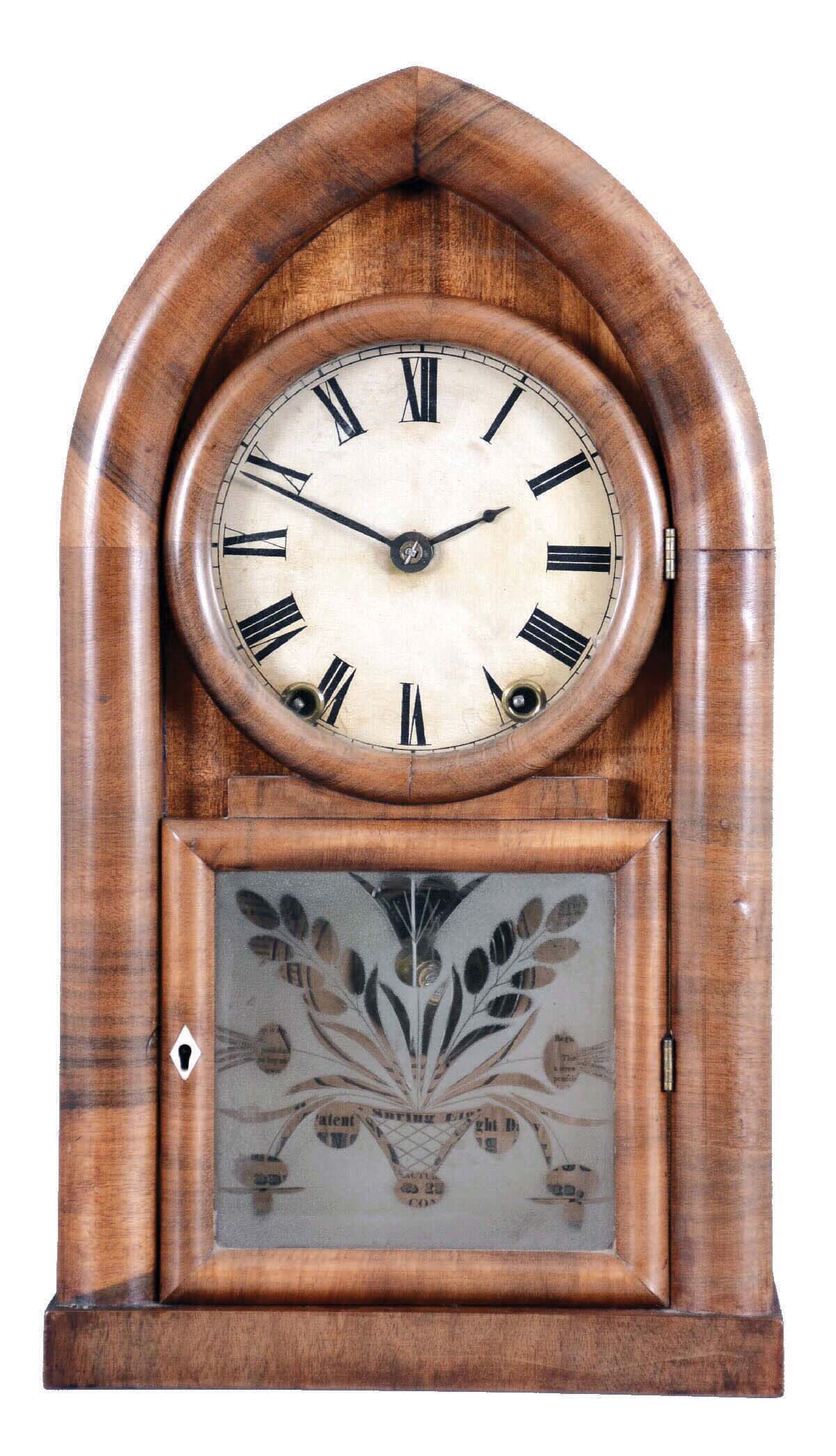 Brewster &amp; Ingrahams, Bristol, Conn., BEEHIVE shelf clock, 8 day spring, time and gong strike, in a mahogany veneered case. — Antique Clocks Price Guide