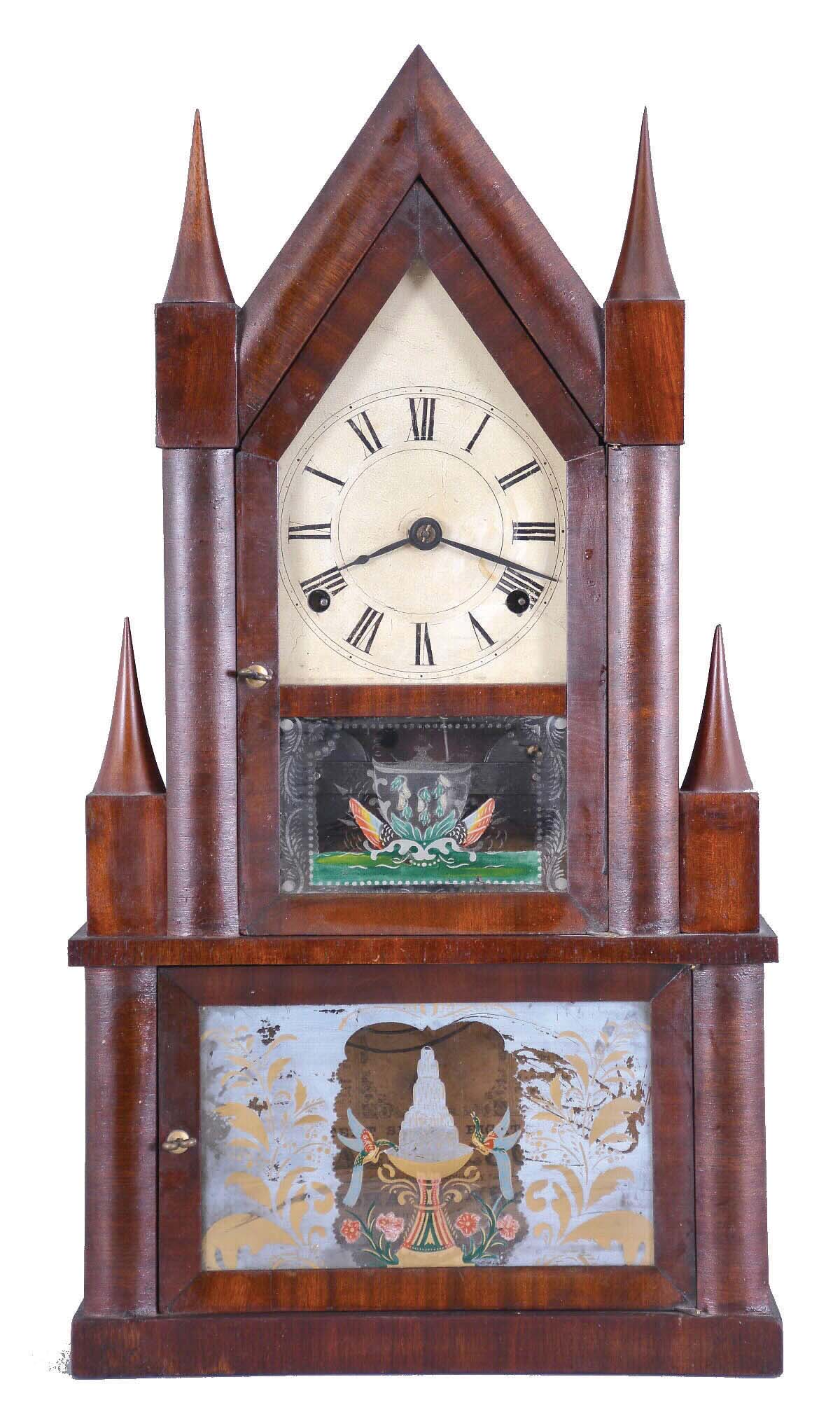 Elisha Manross, Bristol, Conn., mahogany "Steeple on Steeple" or double steeple, with uncommon fusee movement, 8 day, time and strike. — Antique Clocks Price Guide