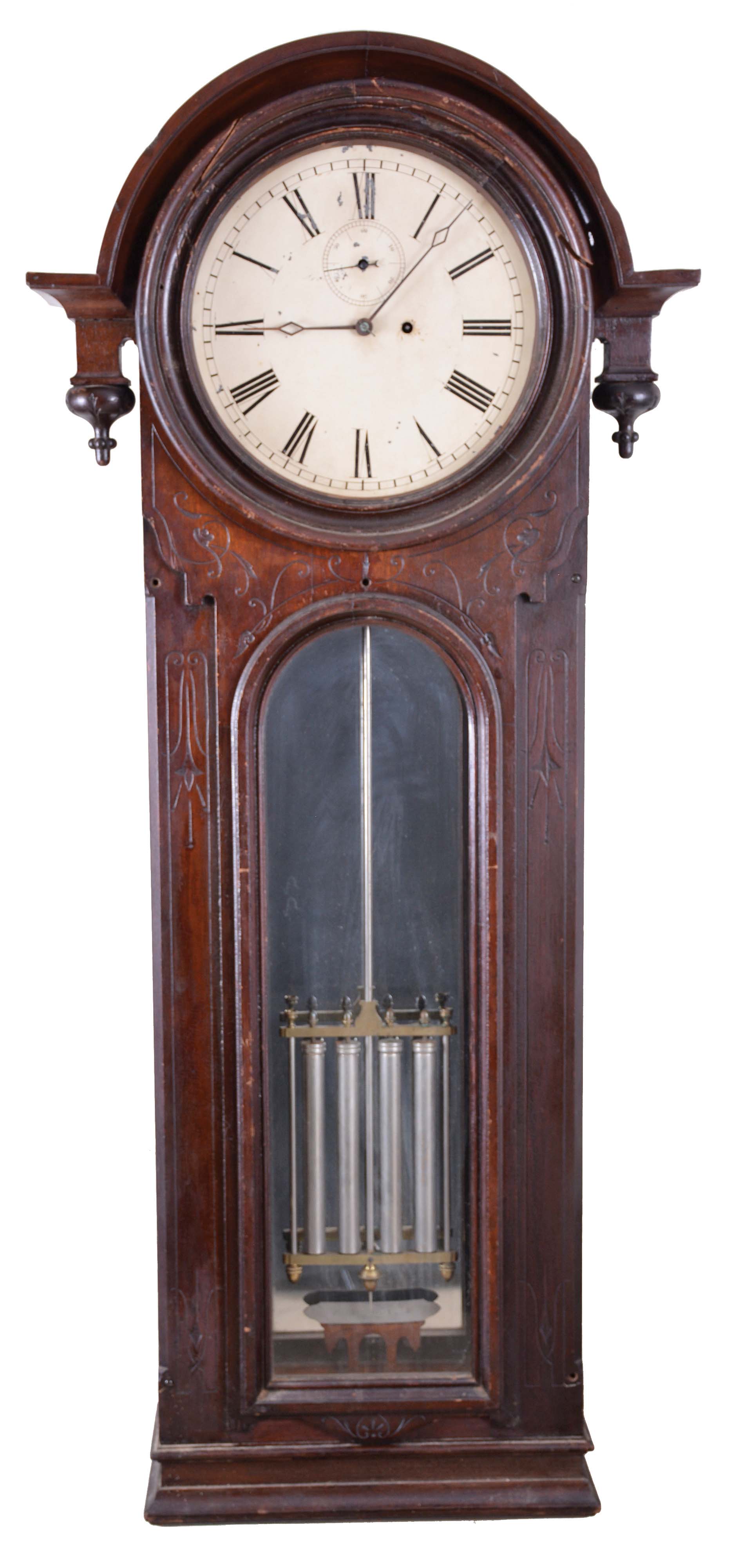 E. Howard &amp; Co., Boston, Mass., "Regulator No. 36", jeweler's wall clock, 8 day, time only, weight driven movement with mercury compensated pendulum, Graham deadbeat escapement and maintaining power in a mahogany case with a painted metal dial — Antique Clocks Price Guide
