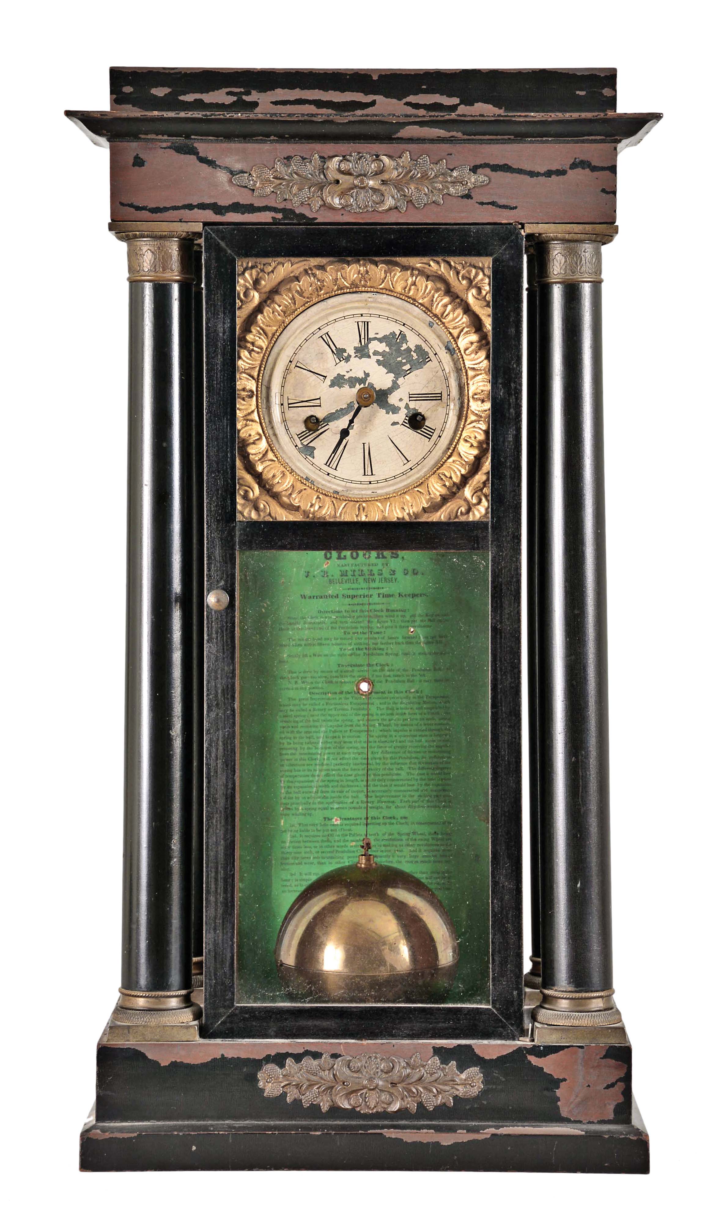 J. R. Mills &amp; Co., Belleville New Jersey, Aaron D. Crane's Single-ball year fusee time and strike, spring brass movement shelf clock. — Antique Clocks Price Guide