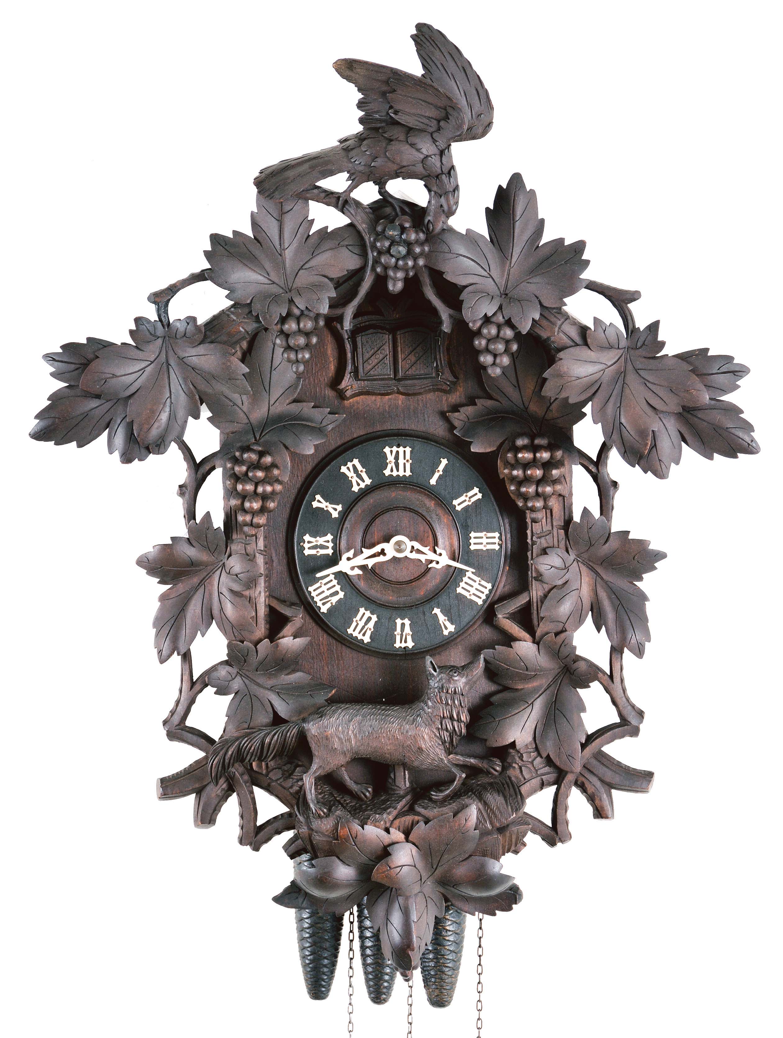Clocks- 2 (Two) Black Forest Cuckoo and Quail: 3-weight cuckoo and quail wall clocks with carved fox and grapes motif, one signed "Miller &amp; Cie" on the brass movement, the other "Faller", early 20th century. — Antique Clocks Price Guide